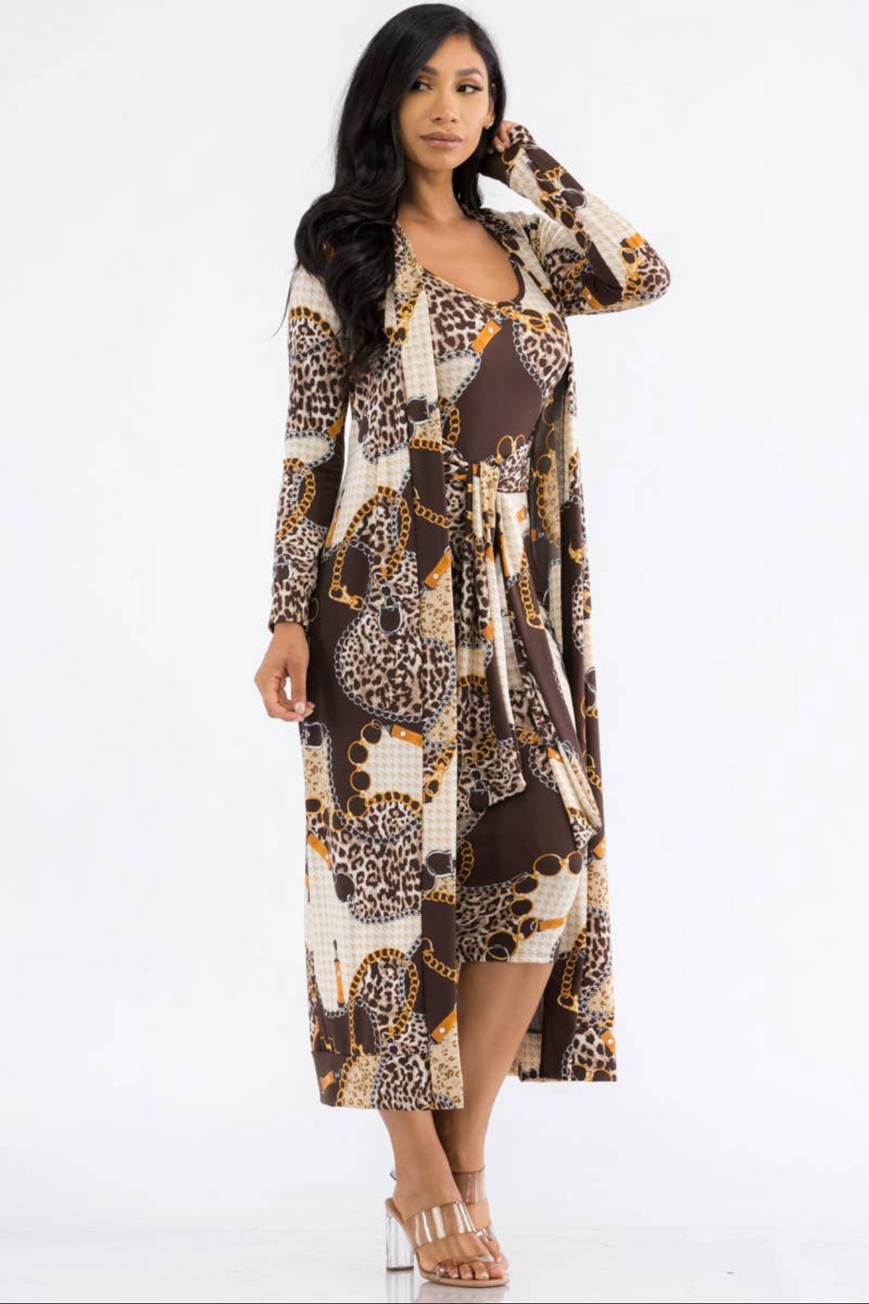 Two-Piece Dress and Cardigan Set, Sizes Small - 1XLarge (Chain Print)