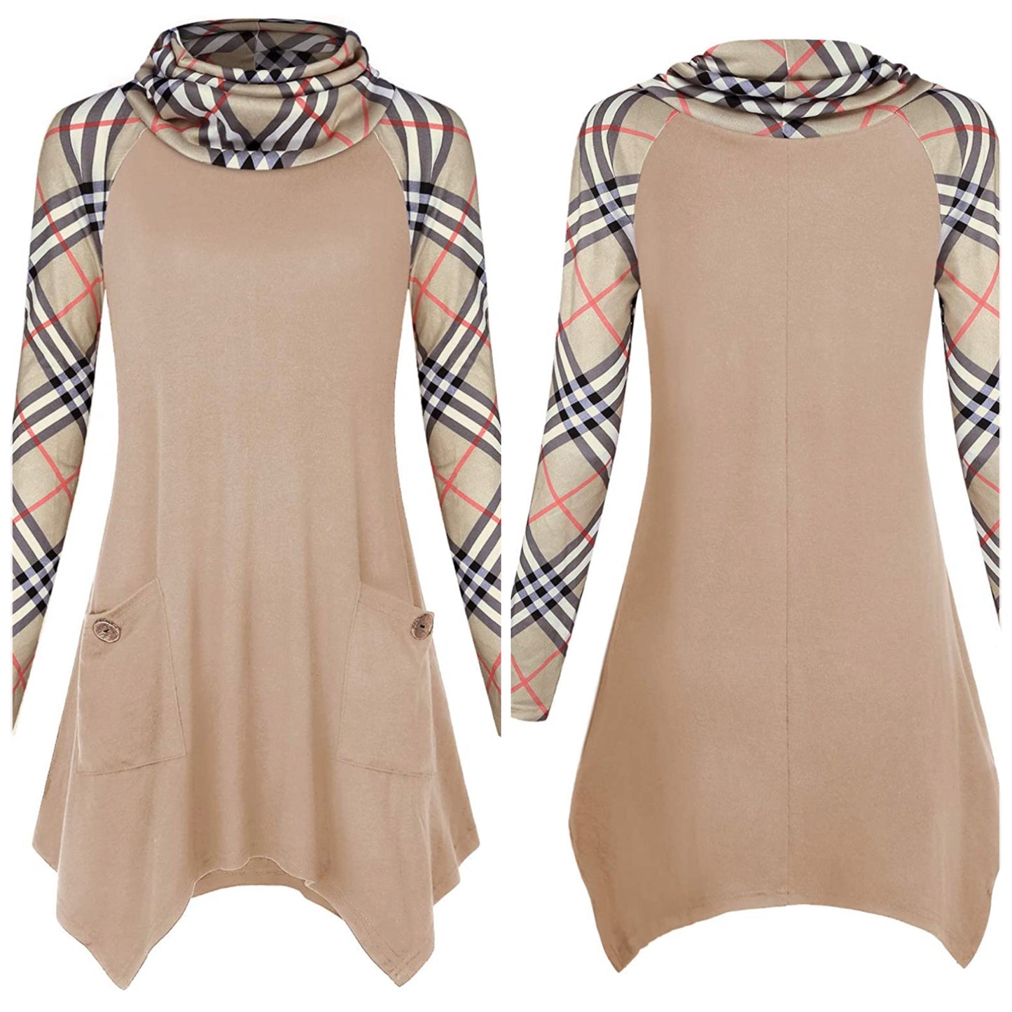 Cowl Neck Plaid Long Sleeve Top, Size XXL - NEW