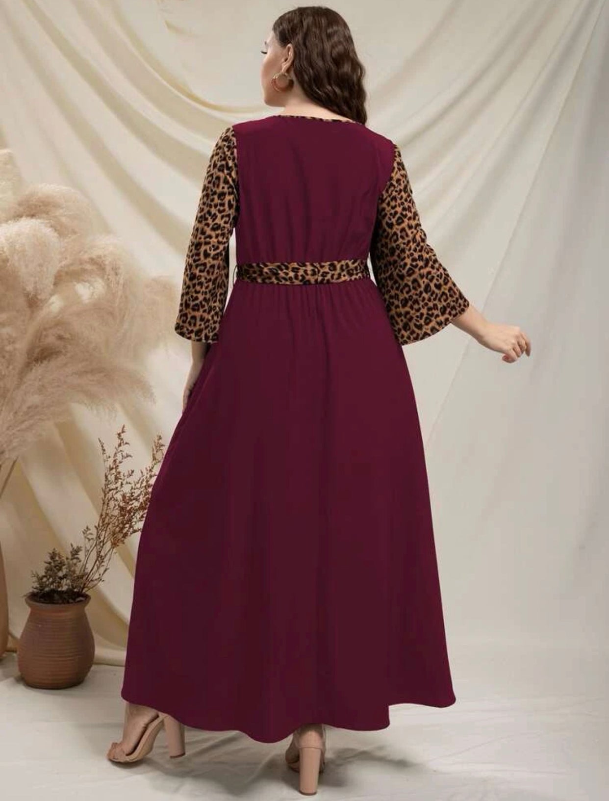 Leopard Print Trumpet Sleeve Dress, US Sizes 12 - 22