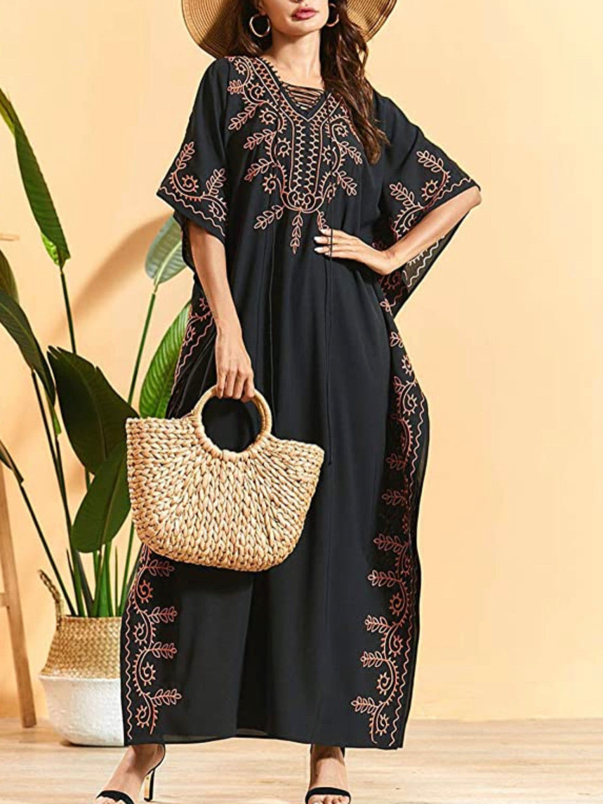 Women’s Caftan Oversized Loungewear, One Size, Solid Black with Brown Embroidery