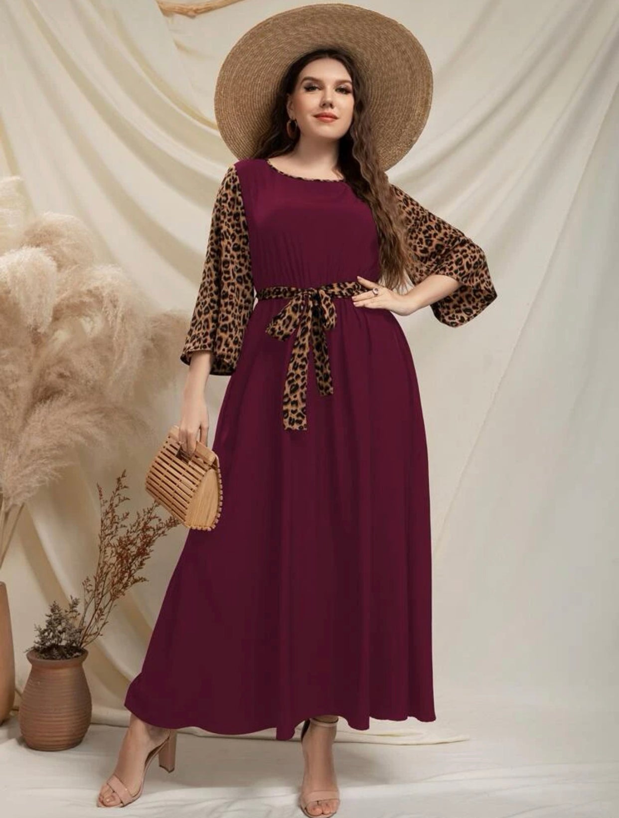 Leopard Print Trumpet Sleeve Dress, US Sizes 12 - 22