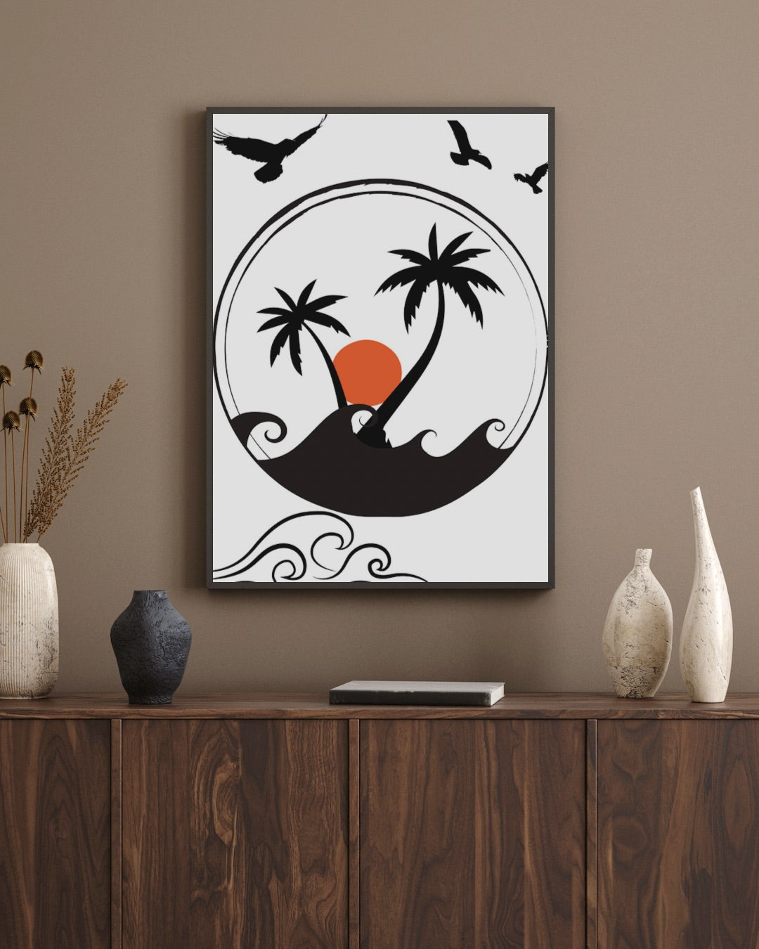 Beautiful 18” x 24” Palm Trees with Sunset in the background Framed Art