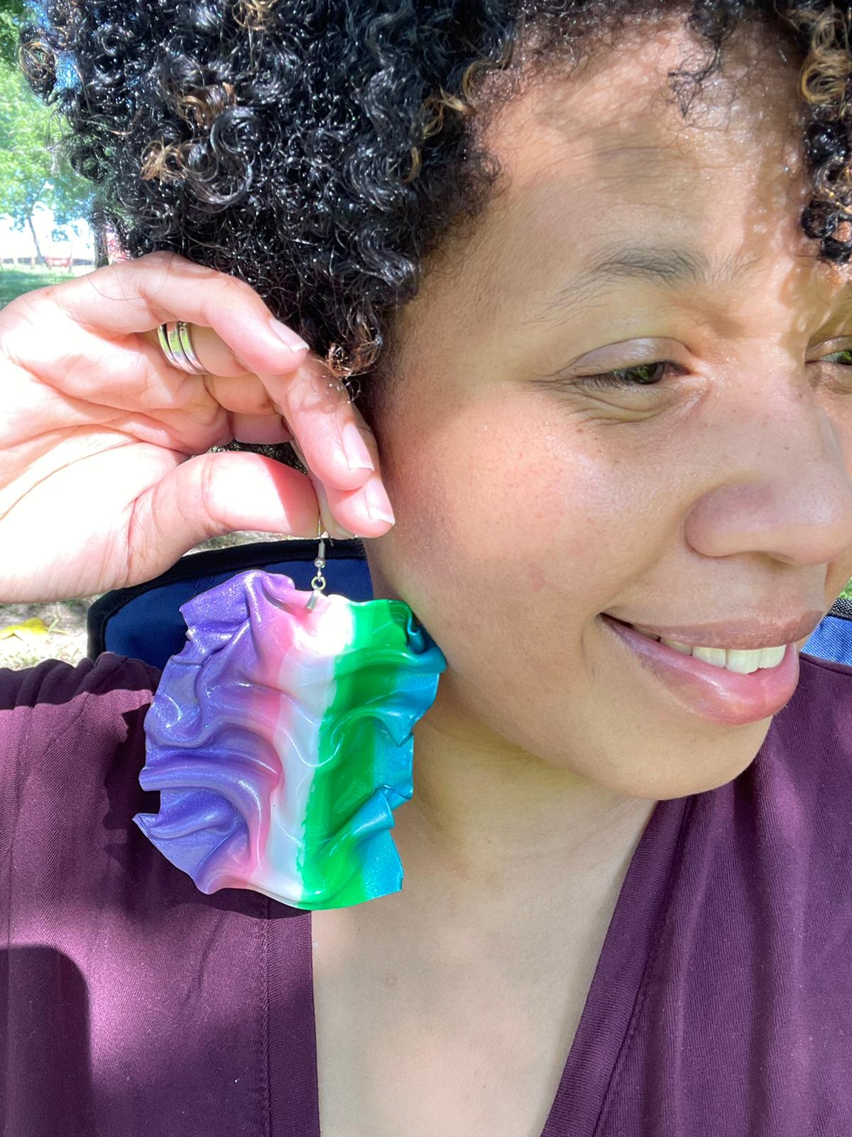 Hand Made Violet Pink White Green Blue Large Drape Earrings