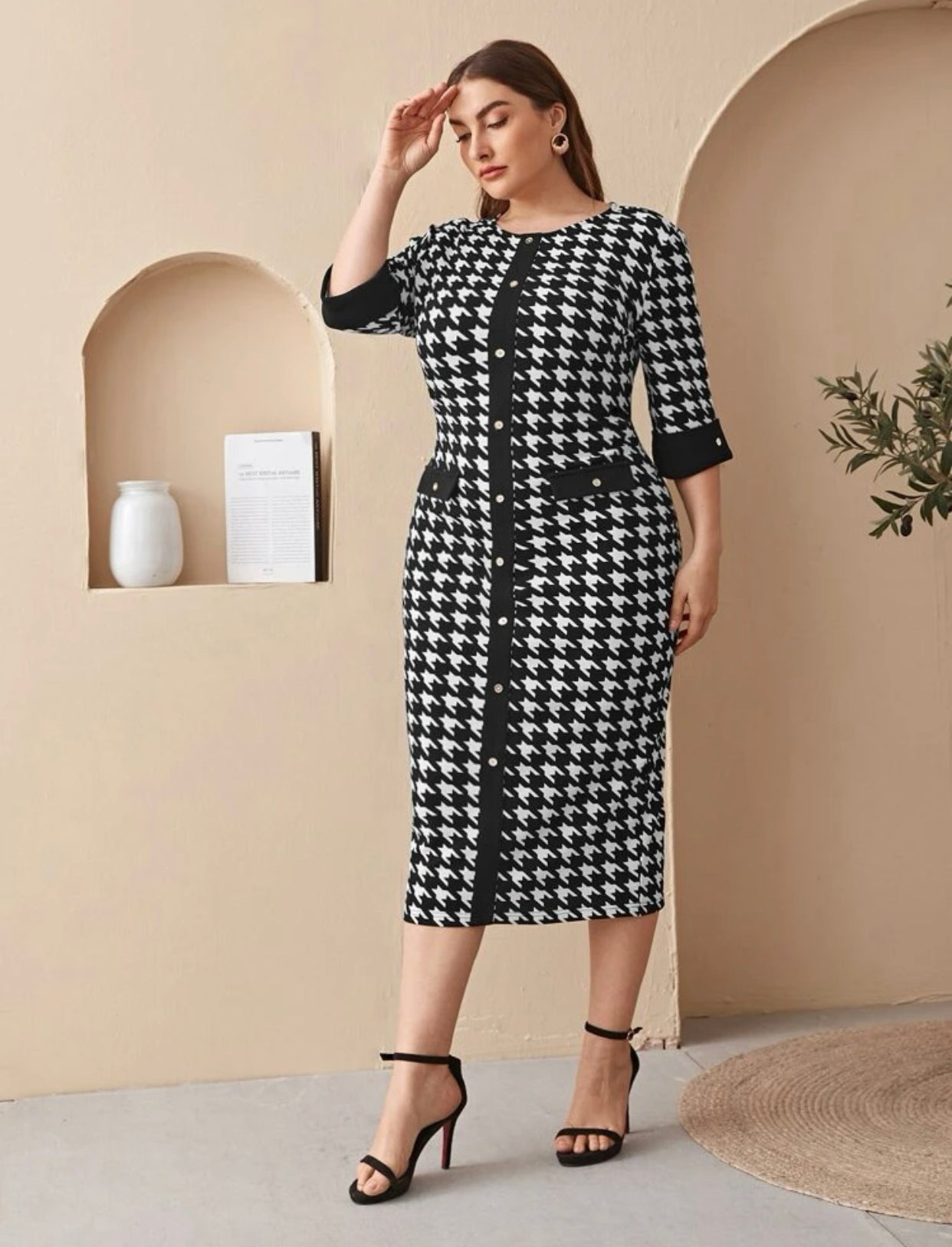 Houndstooth Print Back Slit Dress, US Sizes 12 - 22