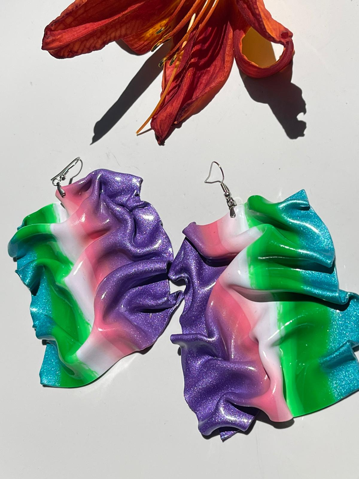 Hand Made Violet Pink White Green Blue Large Drape Earrings