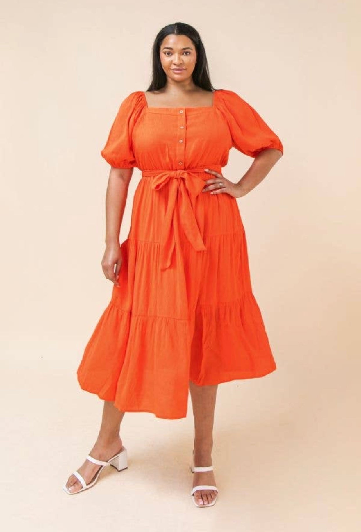 Solid Coral Midi Dress, Sizes 1X - 3X