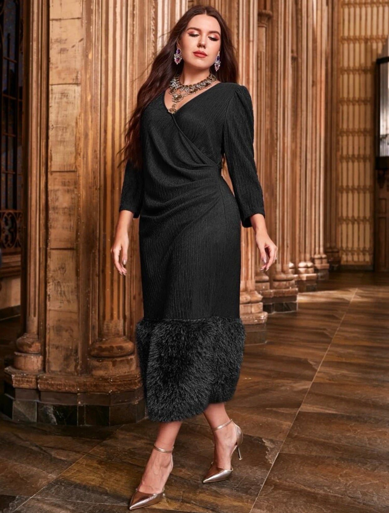 Surplice Neck Fuzzy Hem Dress
