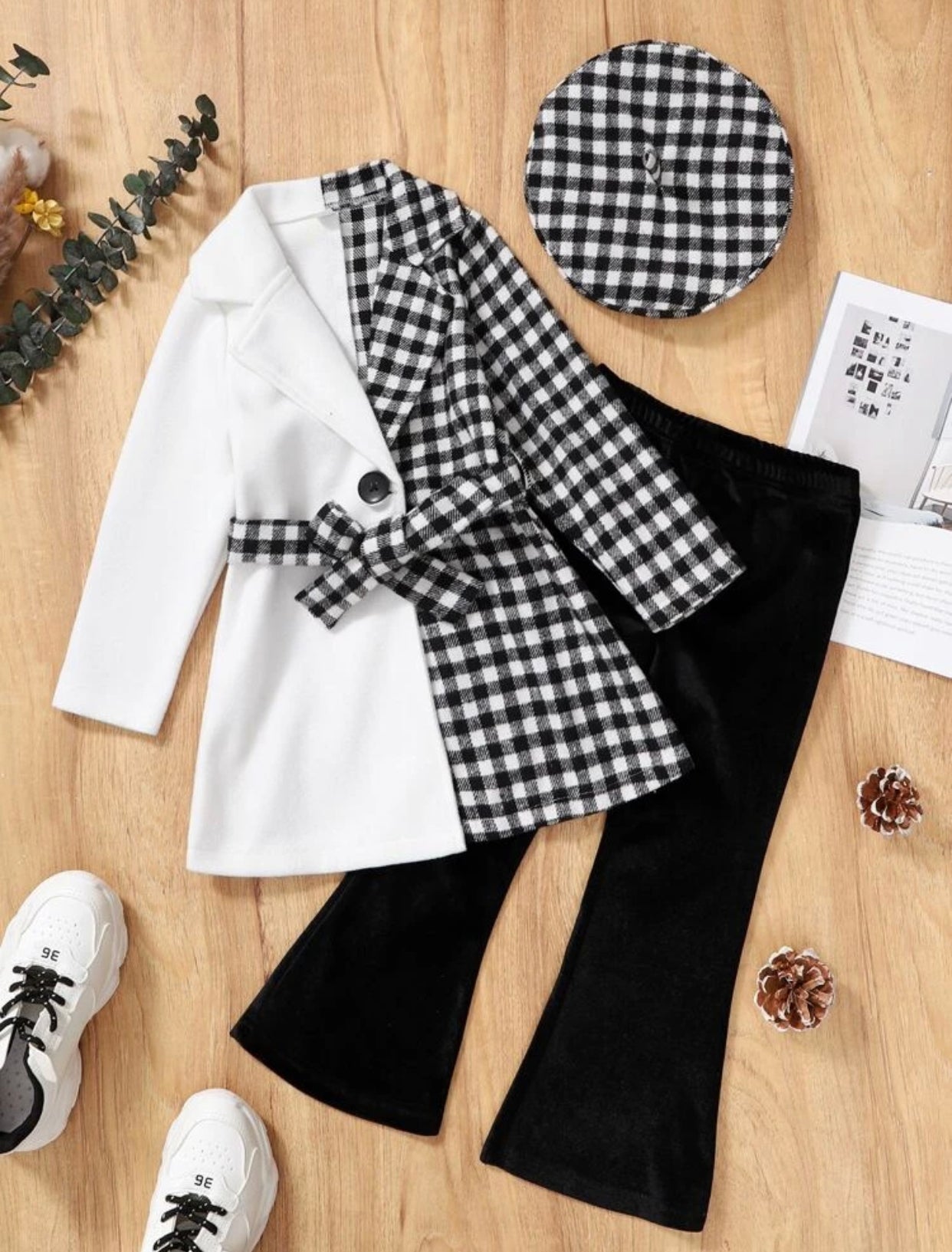 Girls Gingham Belted Wool-Mix Coat & Flare Leg Pants with Hat