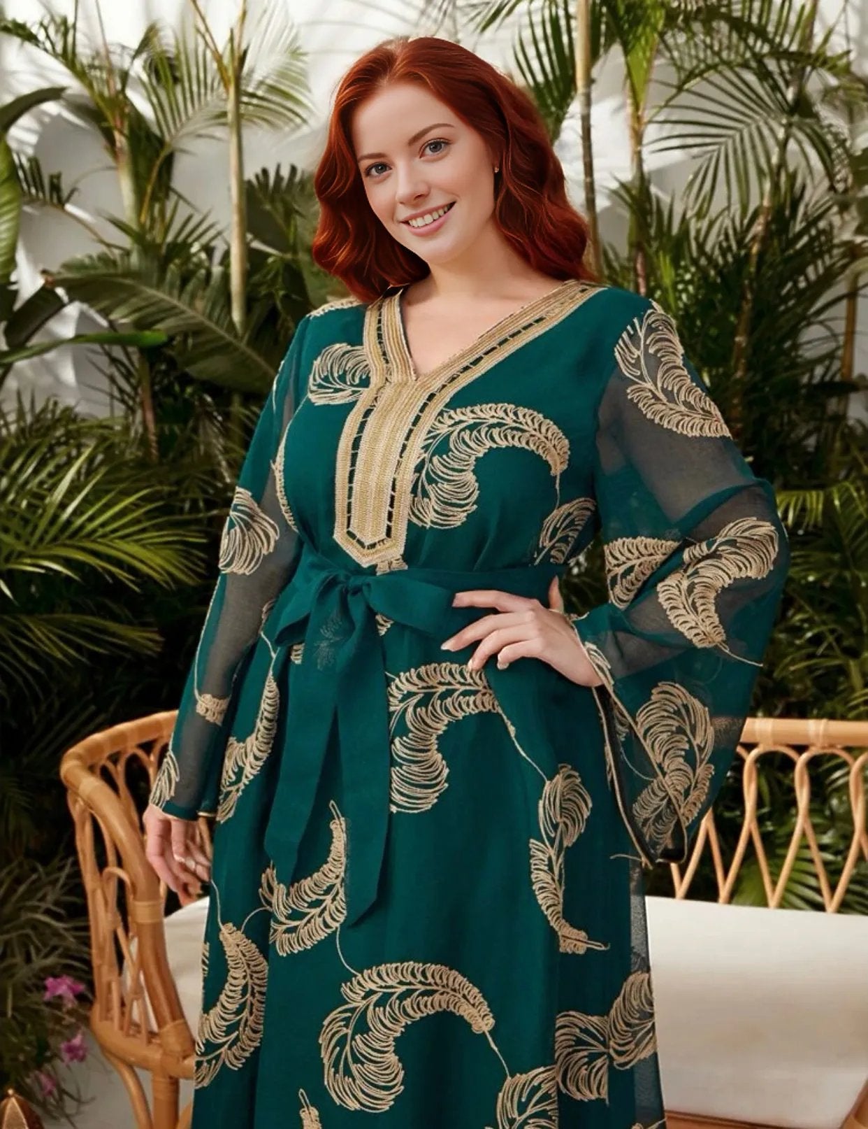 Feather Print Green Flow Dress, Sizes 0XL - 4XL (US 12 - 20)