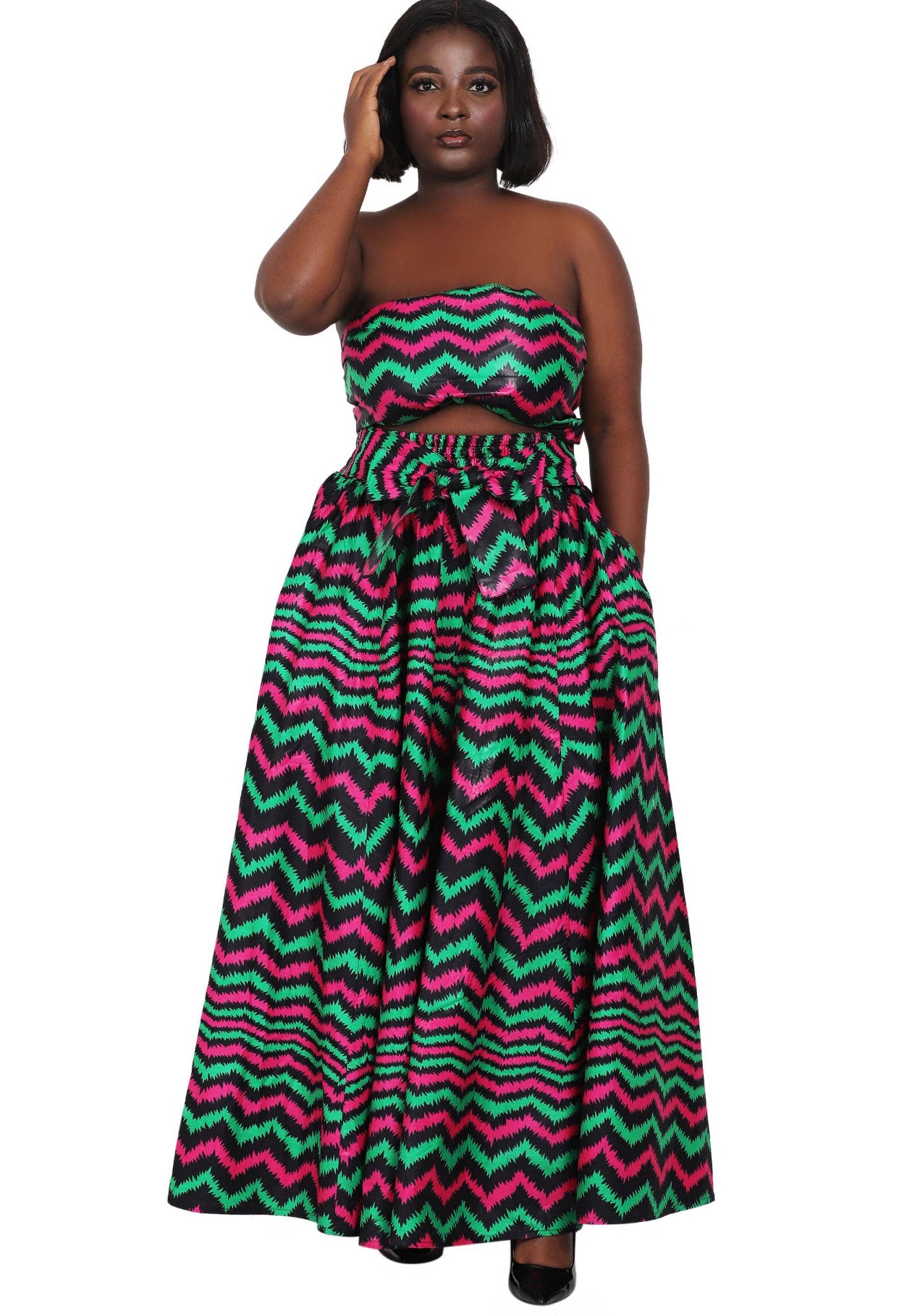 Hand Made African Print Full Skirt with Coordinating Head Wrap and FaceMask (Magenta, Green, Black)