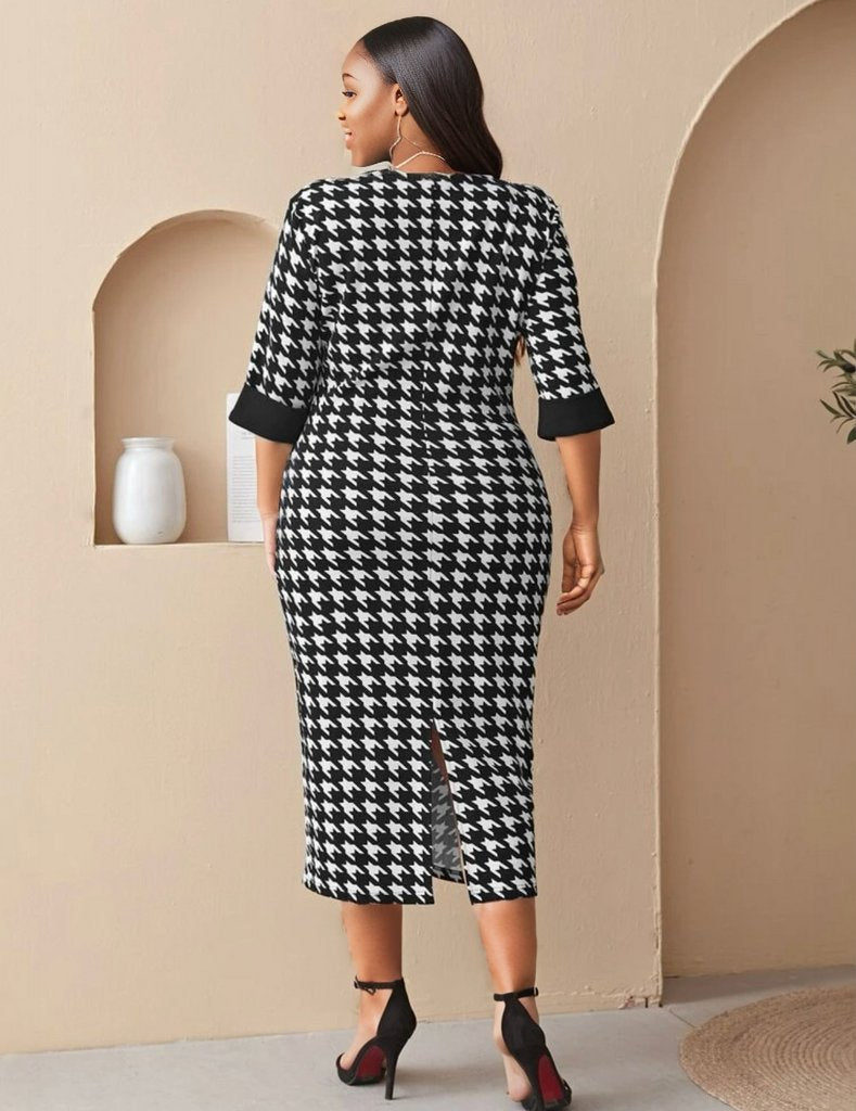 Houndstooth Print Back Slit Dress, US Sizes 12 - 22