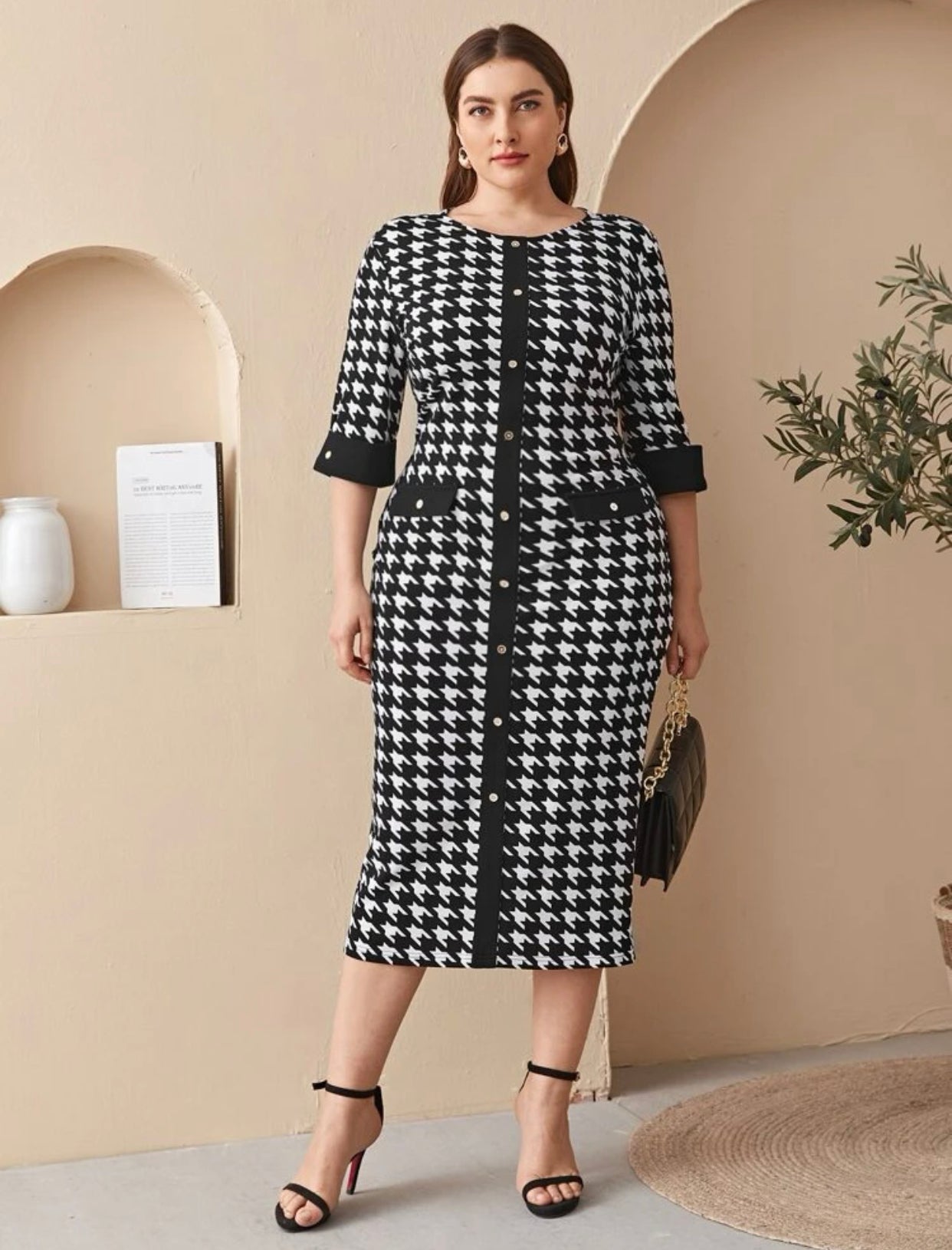Houndstooth Print Back Slit Dress, US Sizes 12 - 22