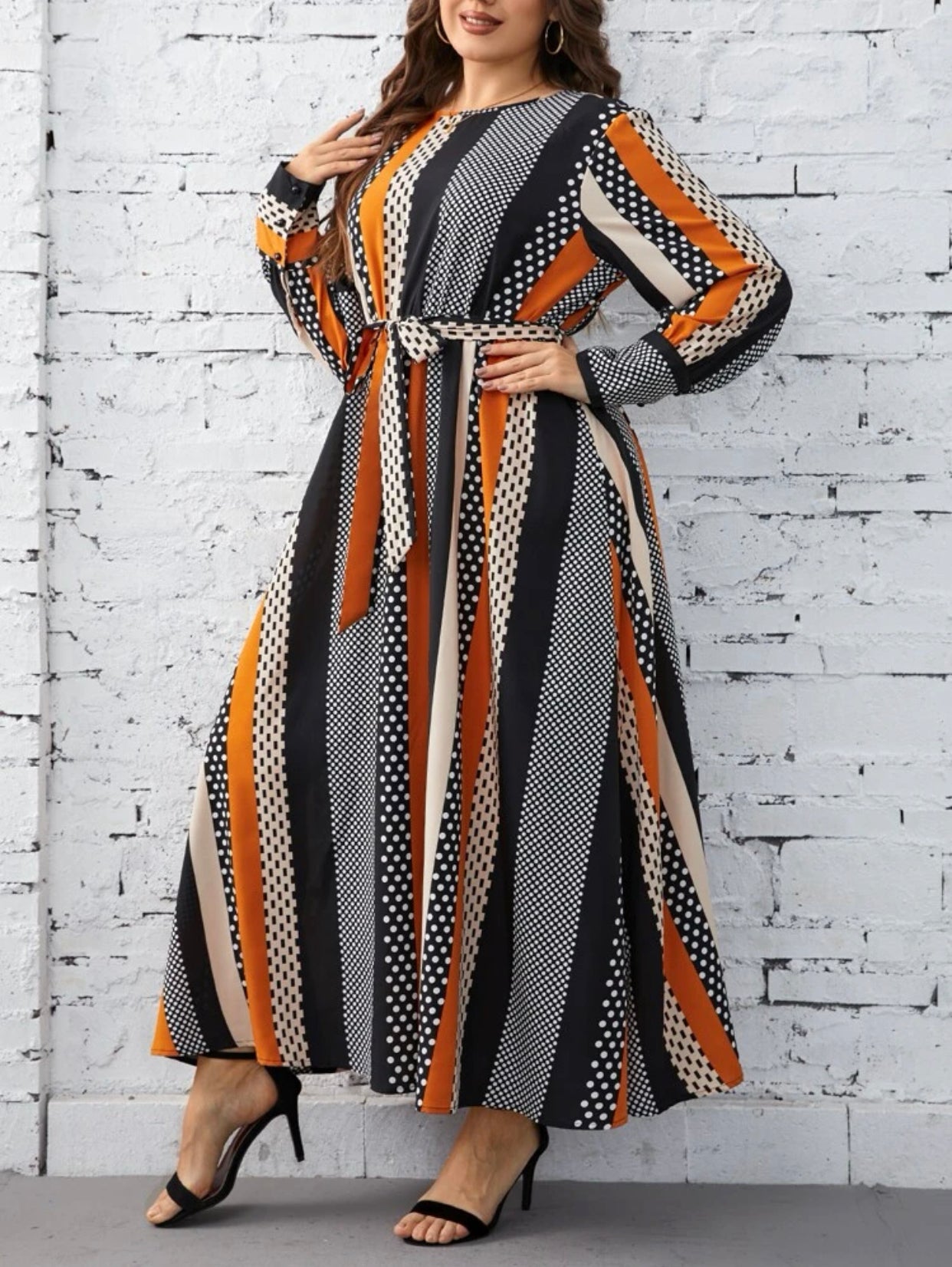Striped and Polka Dot Print Dress, US Sizes 12 - 20