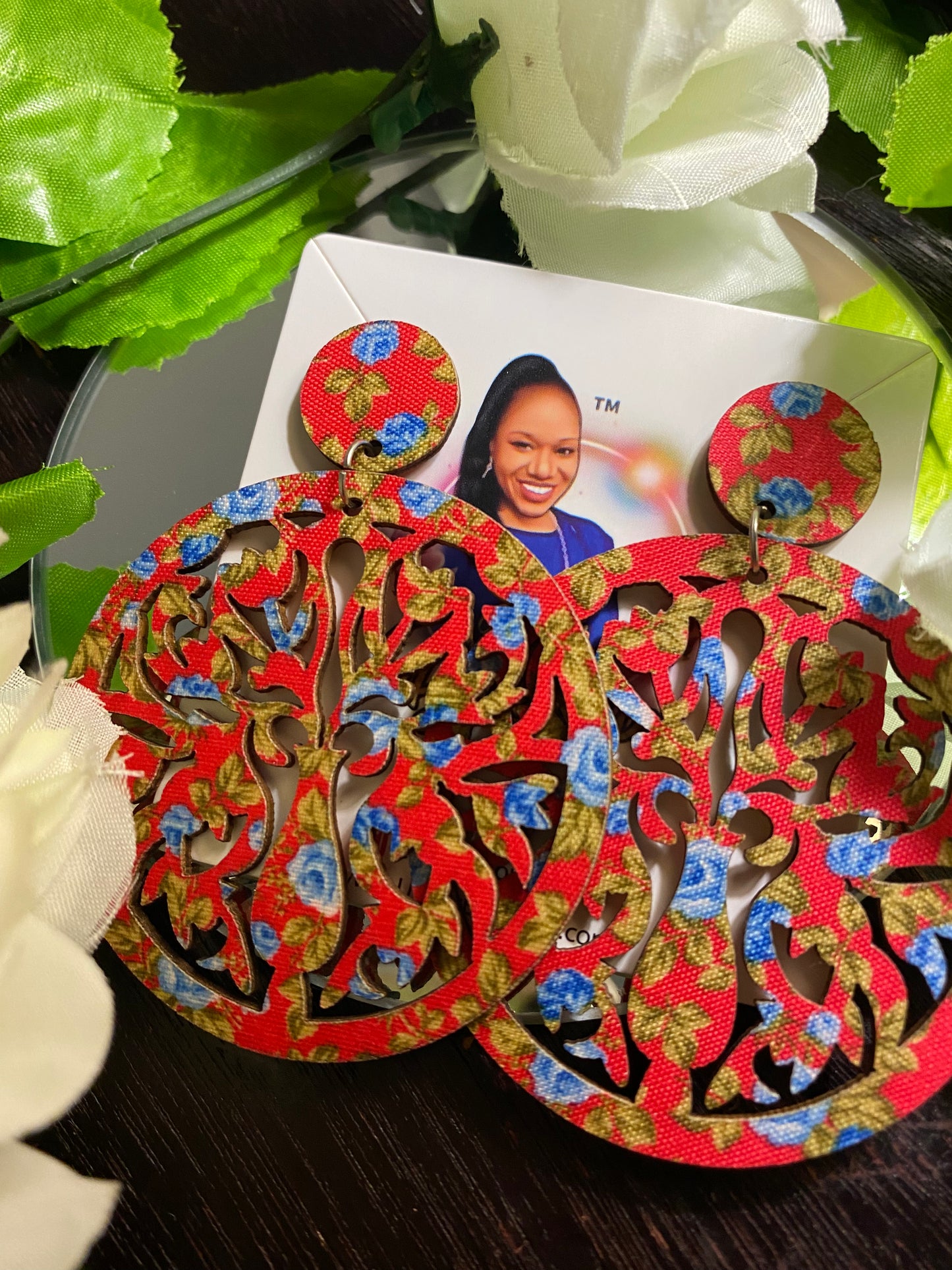 Round Hand Made Fabric African Print Wooden Earrings