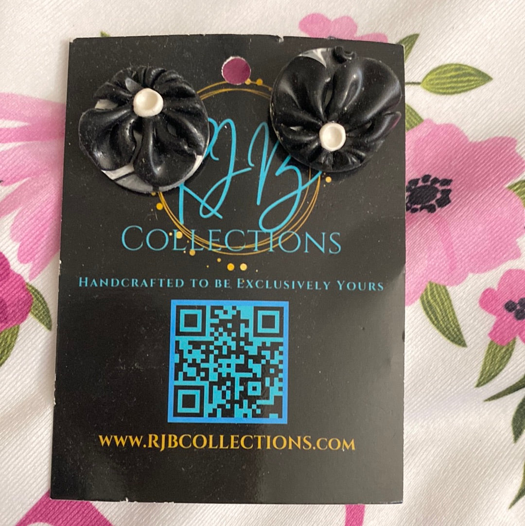 Handmade Black on White Floral Pierced Earrings