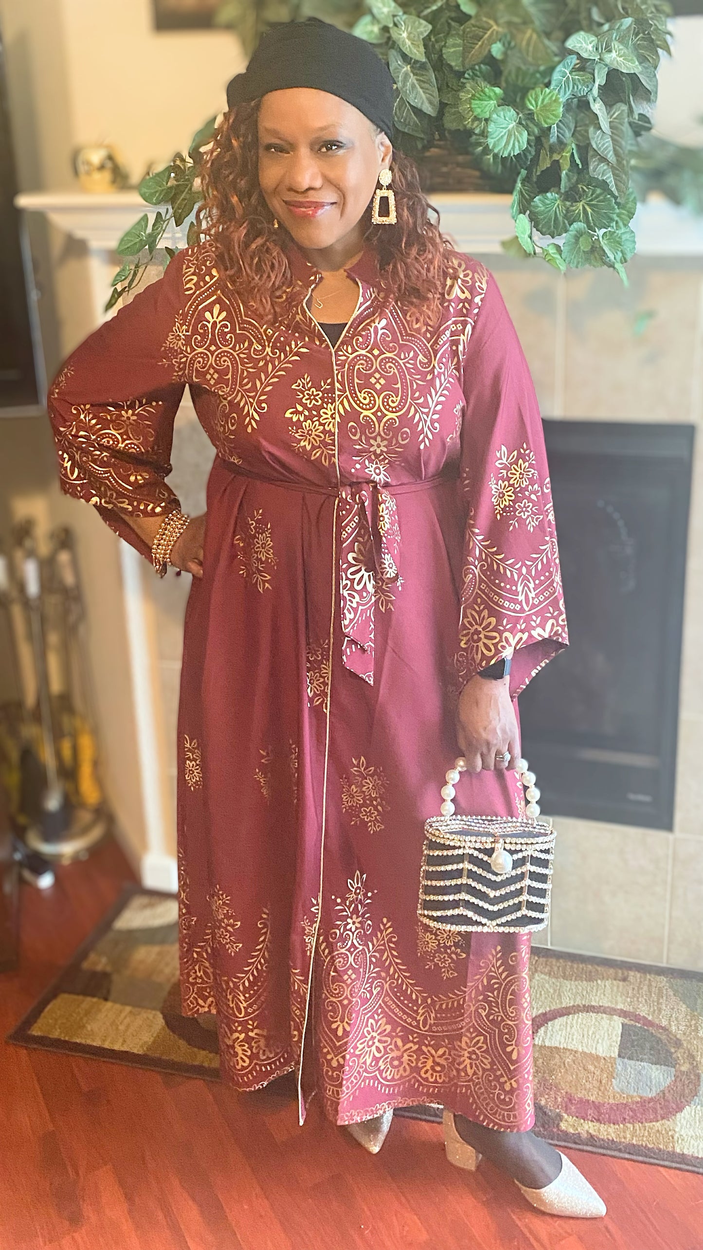 Burgundy Gold Floral Indian/ Arabic Dress (US Sizes 12 - 20)
