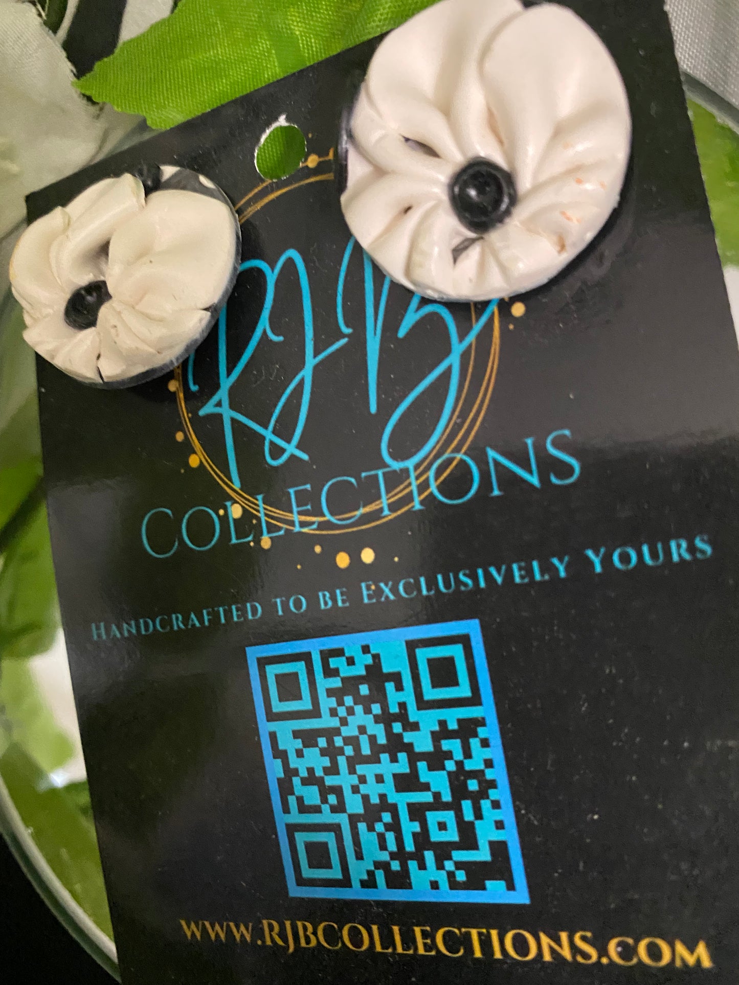 Handmade Black and White Floral Pierced Earrings
