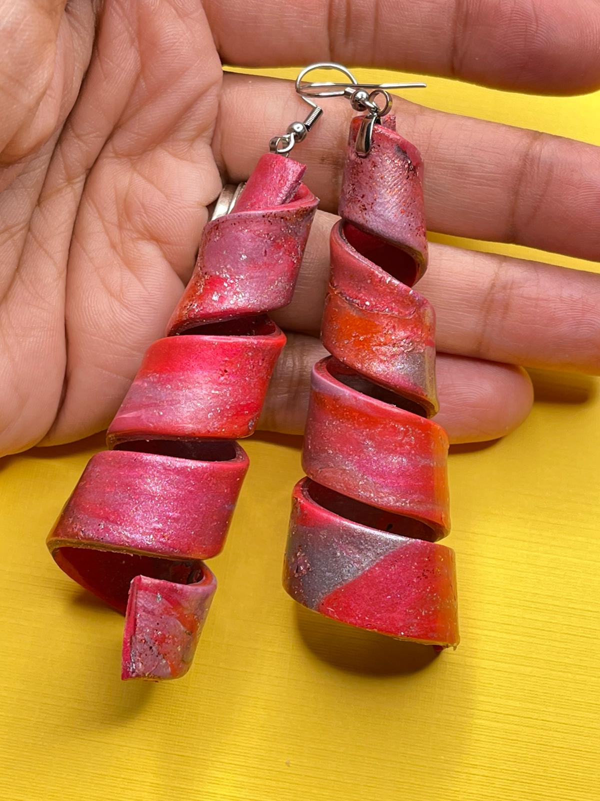 Handmade Red Dangle Long Spiral Earrings
