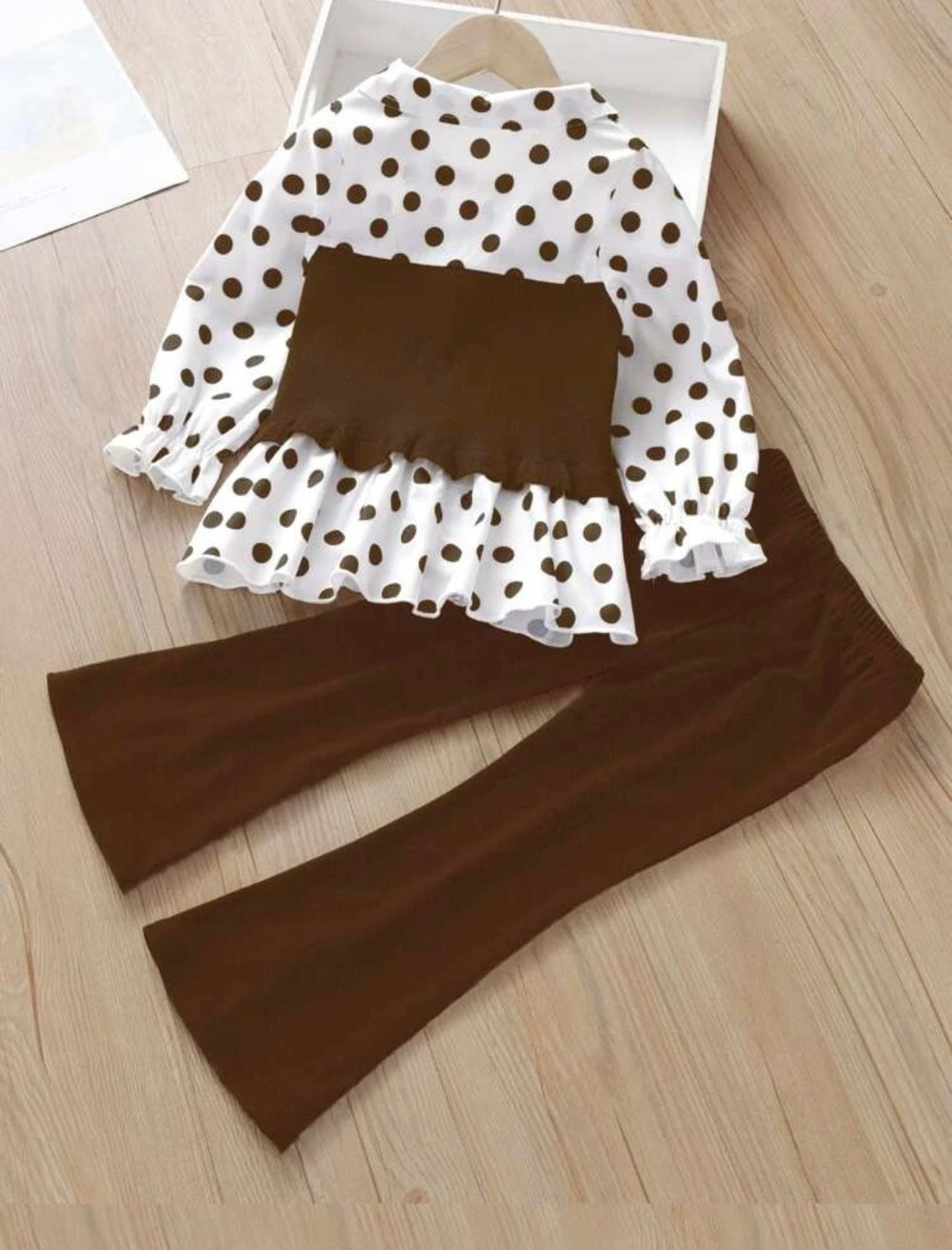 Girls Polka Dot Print Flounce Sleeve Top & Split Hem Flare Leg Pants (Sizes 3 year - 10 year)