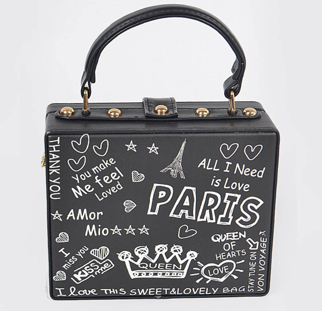 Paris Graffiti Studded Box Clutch
