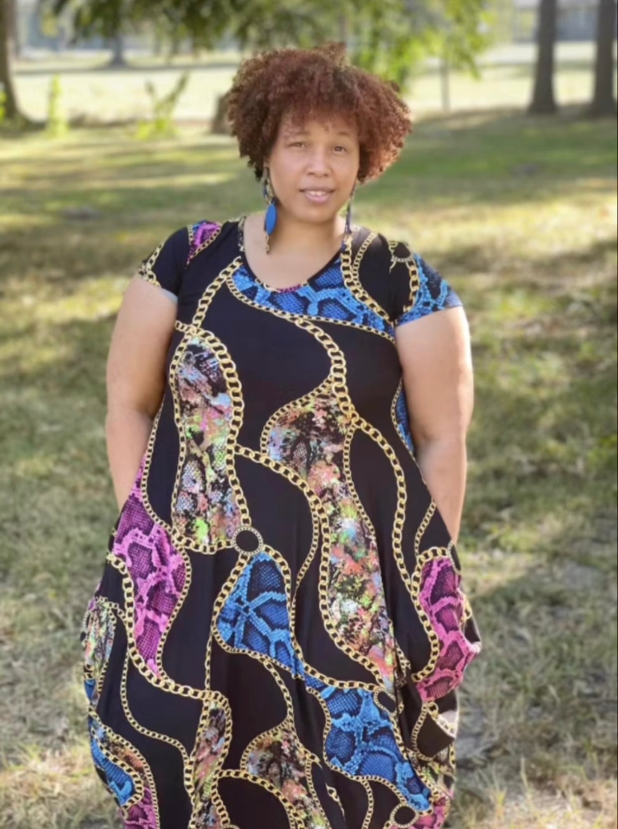 Chain Print Short Sleeve Maxi Dress, Sizes Small - 3XLarge