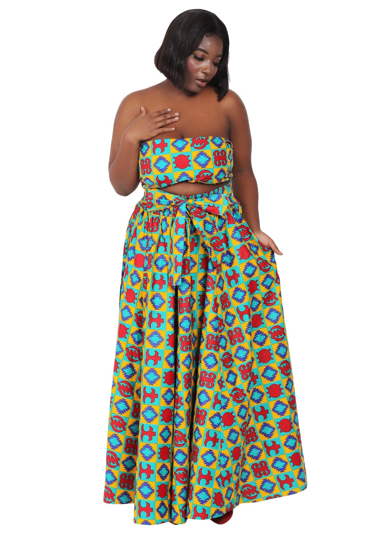 Hand Mad African Print Full Skirt with Coordinating Head Wrap and Facemask (Red, Blue, Yellow Patterns)