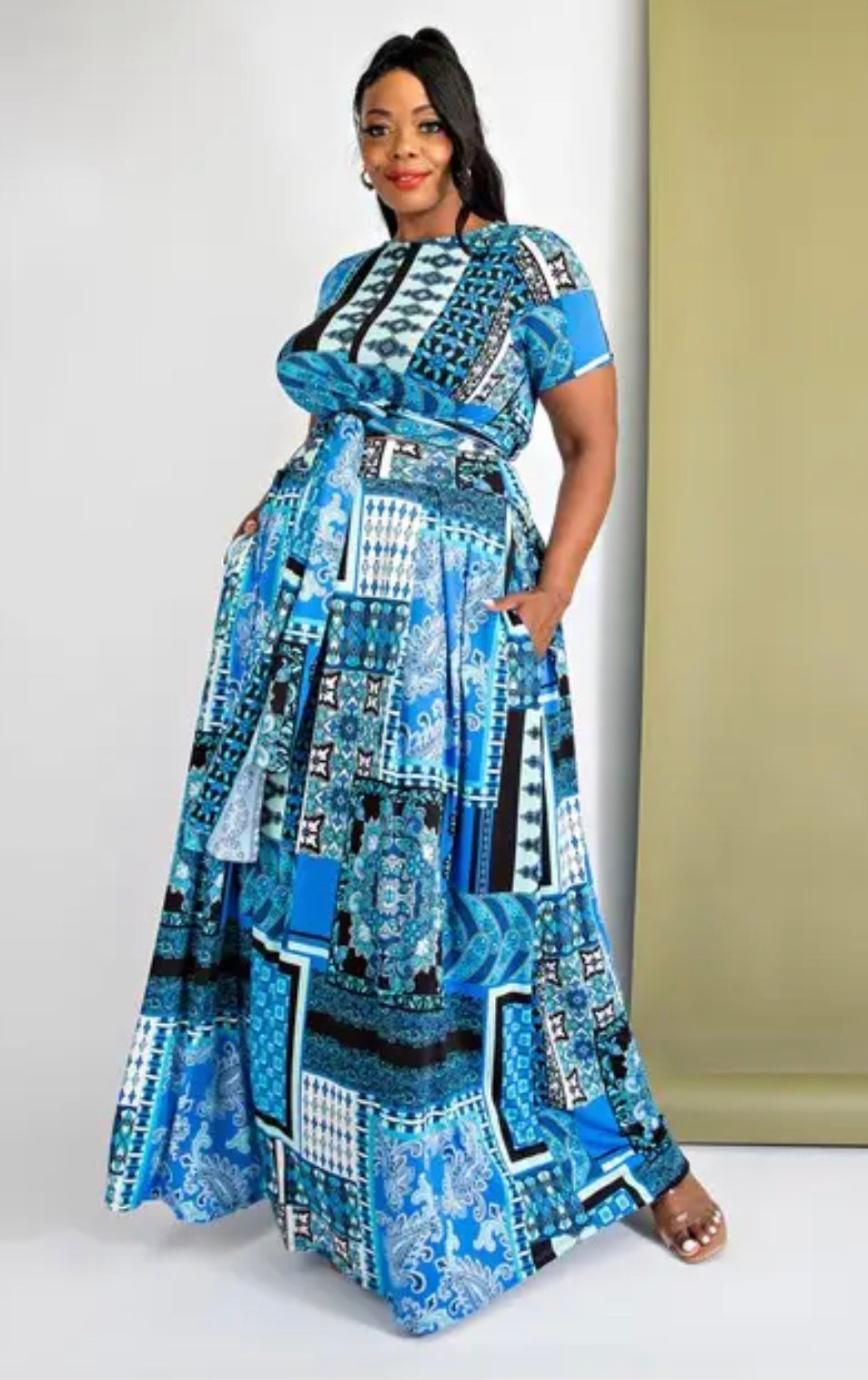 WRAP AROUND SHORT SLEEVE TOP AND MAXI SKIRT SET, Sizes 1X - 3X