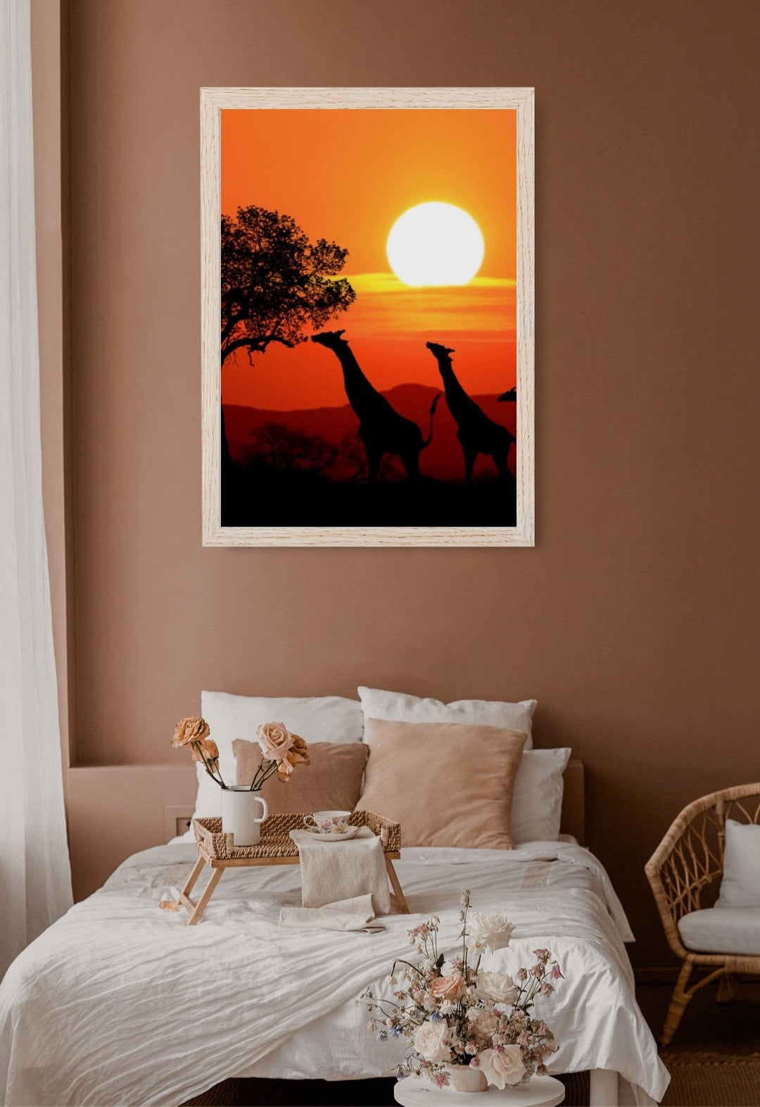 Beautiful 18” x 24” African Print Safari with Sunset in the background Framed Art