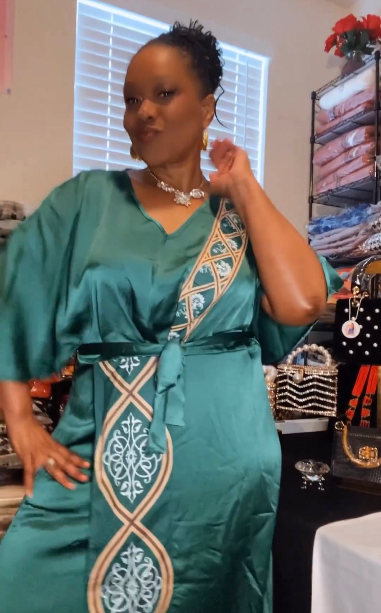 Elegant Green Batwing Kaftan Dress (US Size 4 - 12)