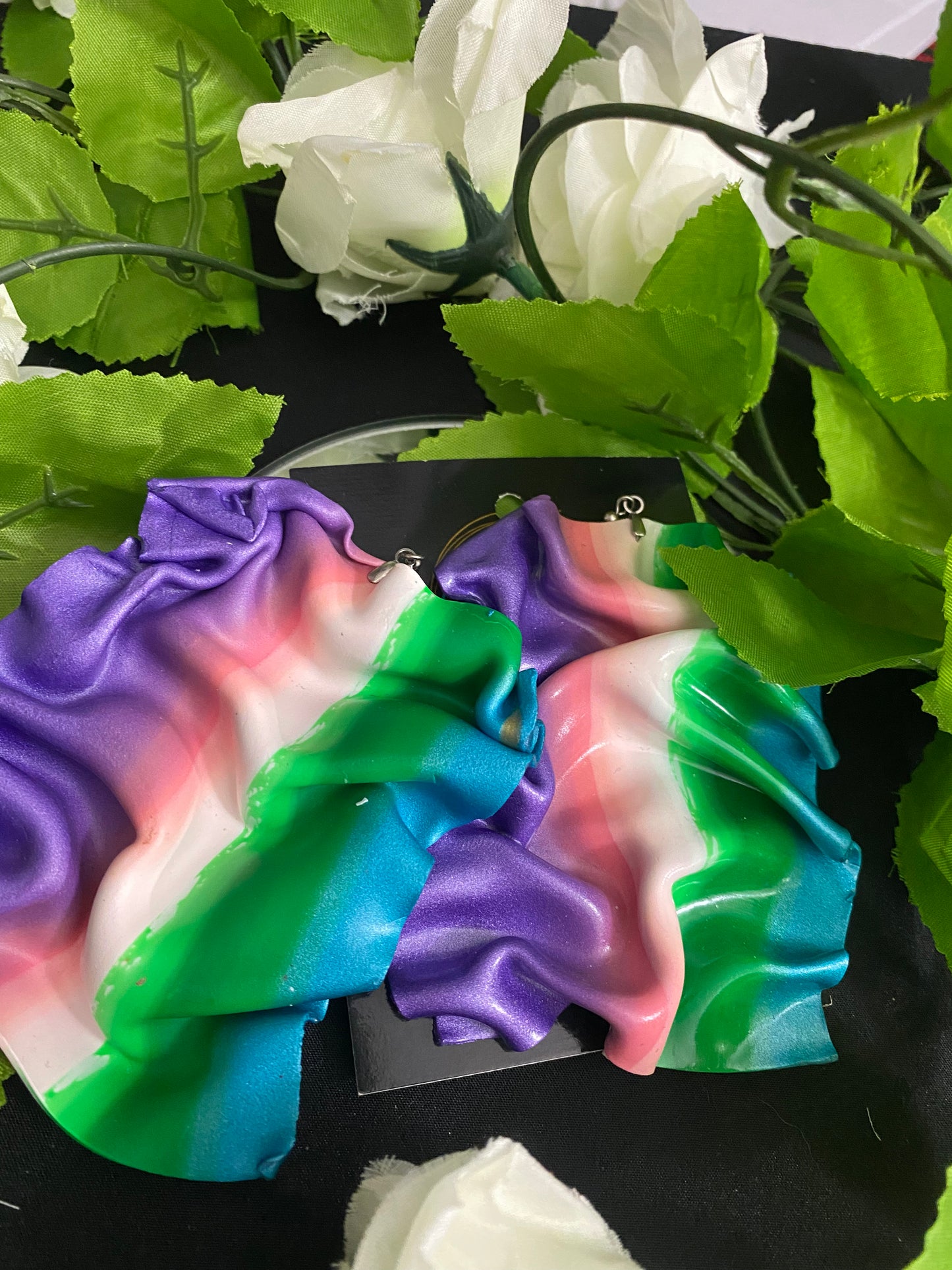 Hand Made Violet Pink White Green Blue Large Drape Earrings