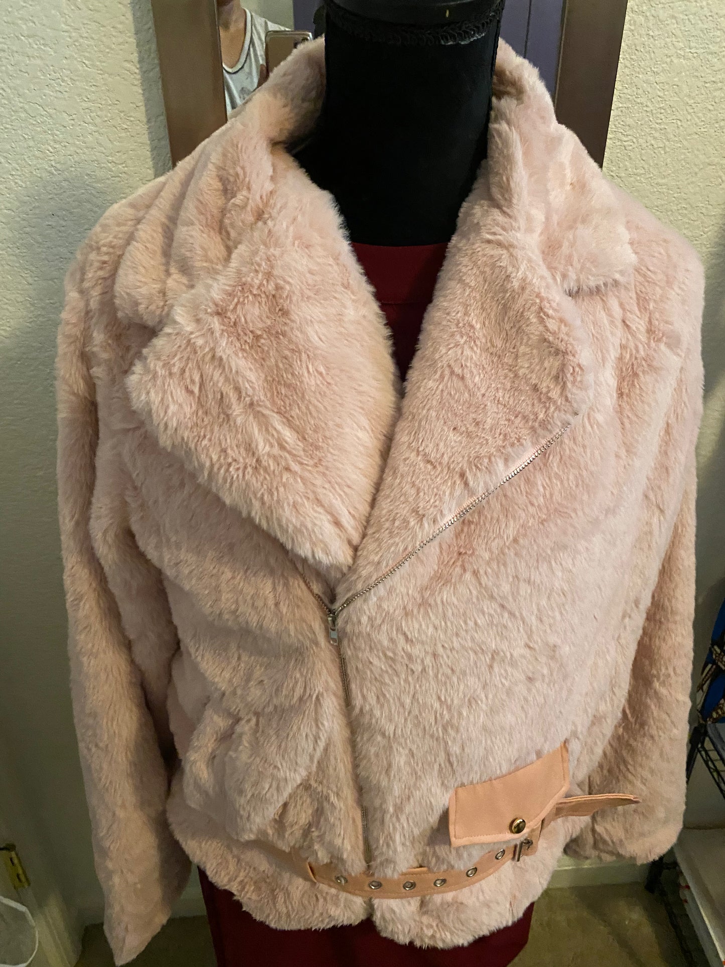 FLUFFY LAPEL COLLAR LONG SLEEVE BELTED COAT, Sizes XSmall - Large
