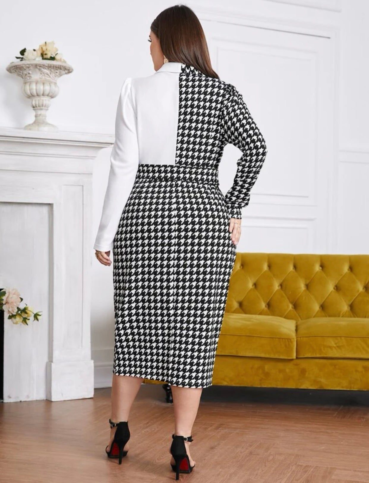 Houndstooth Lapel Collar Dress, US Sizes 12 - 20