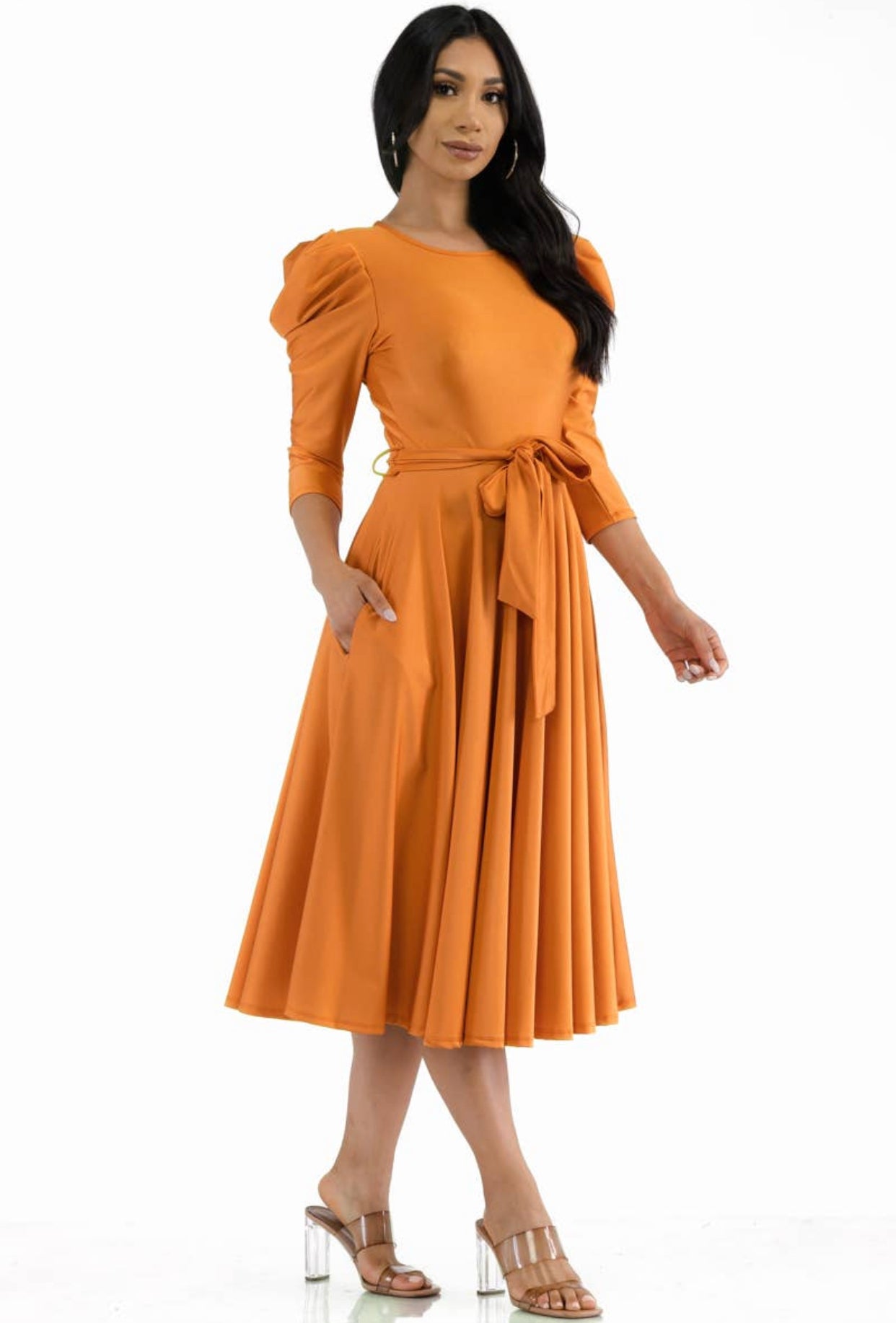 Puff Sleeve Cocktail Dress, Sizes 1X - 3X (Orange)