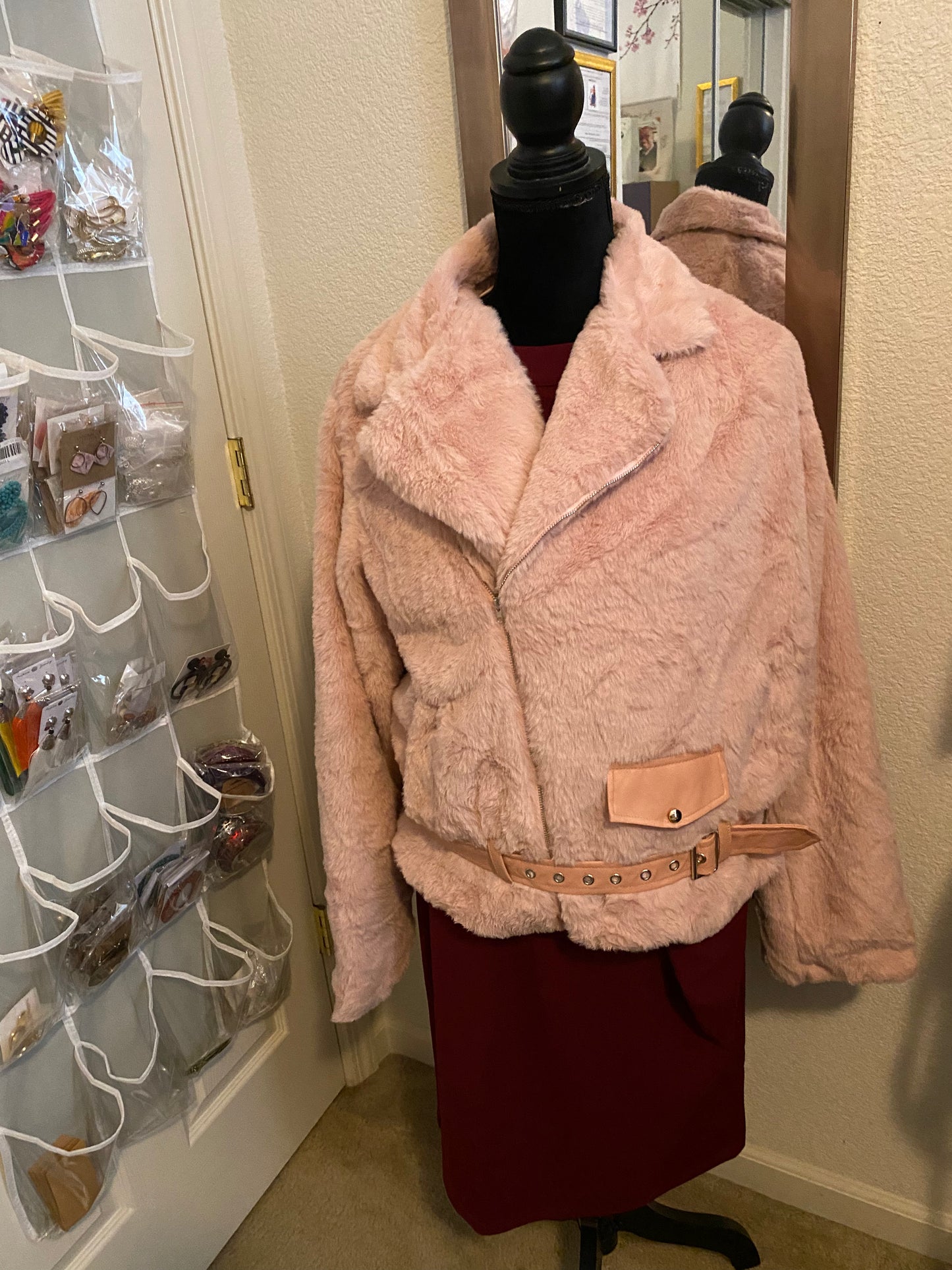FLUFFY LAPEL COLLAR LONG SLEEVE BELTED COAT, Sizes XSmall - Large