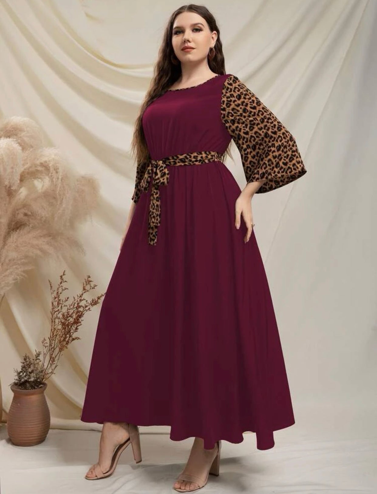 Leopard Print Trumpet Sleeve Dress, US Sizes 12 - 22