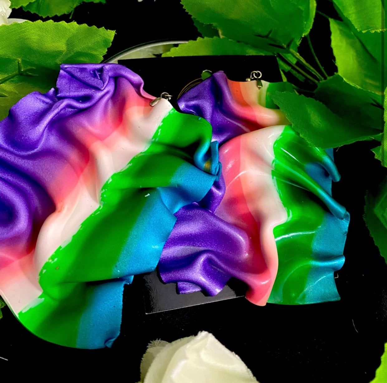 Hand Made Violet Pink White Green Blue Large Drape Earrings