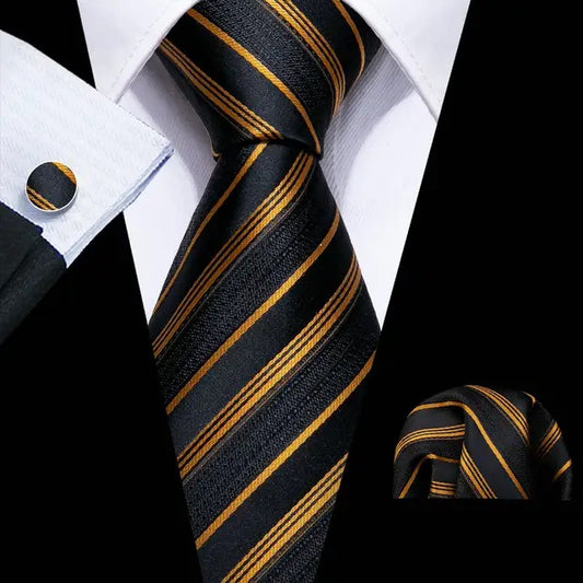 Men’s Silk Coordinated Tie Set - Gold Black Stripe (6020)