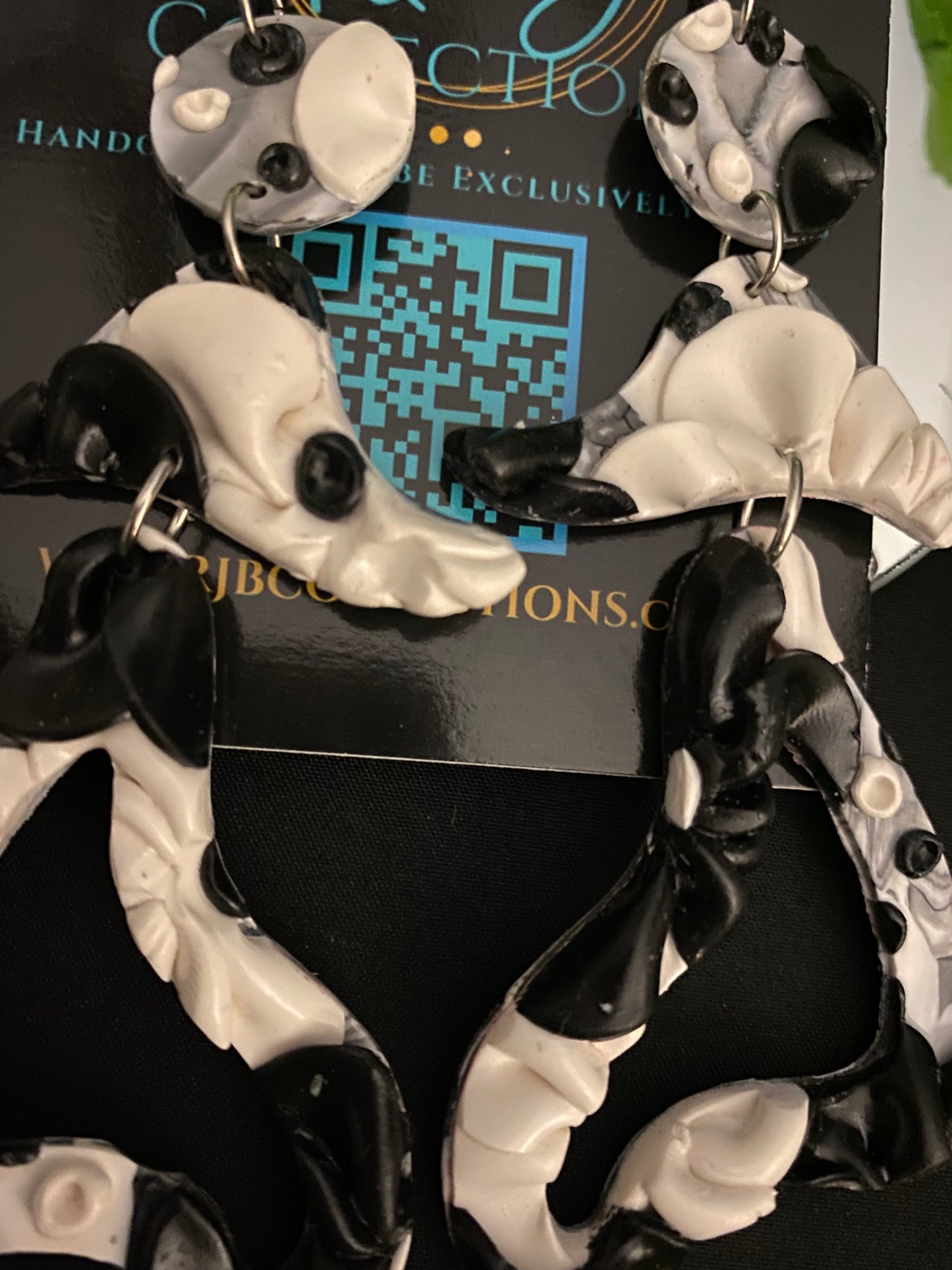 Hand Made Bubble Flower Salsa Lady Black and White Dangle Earrings