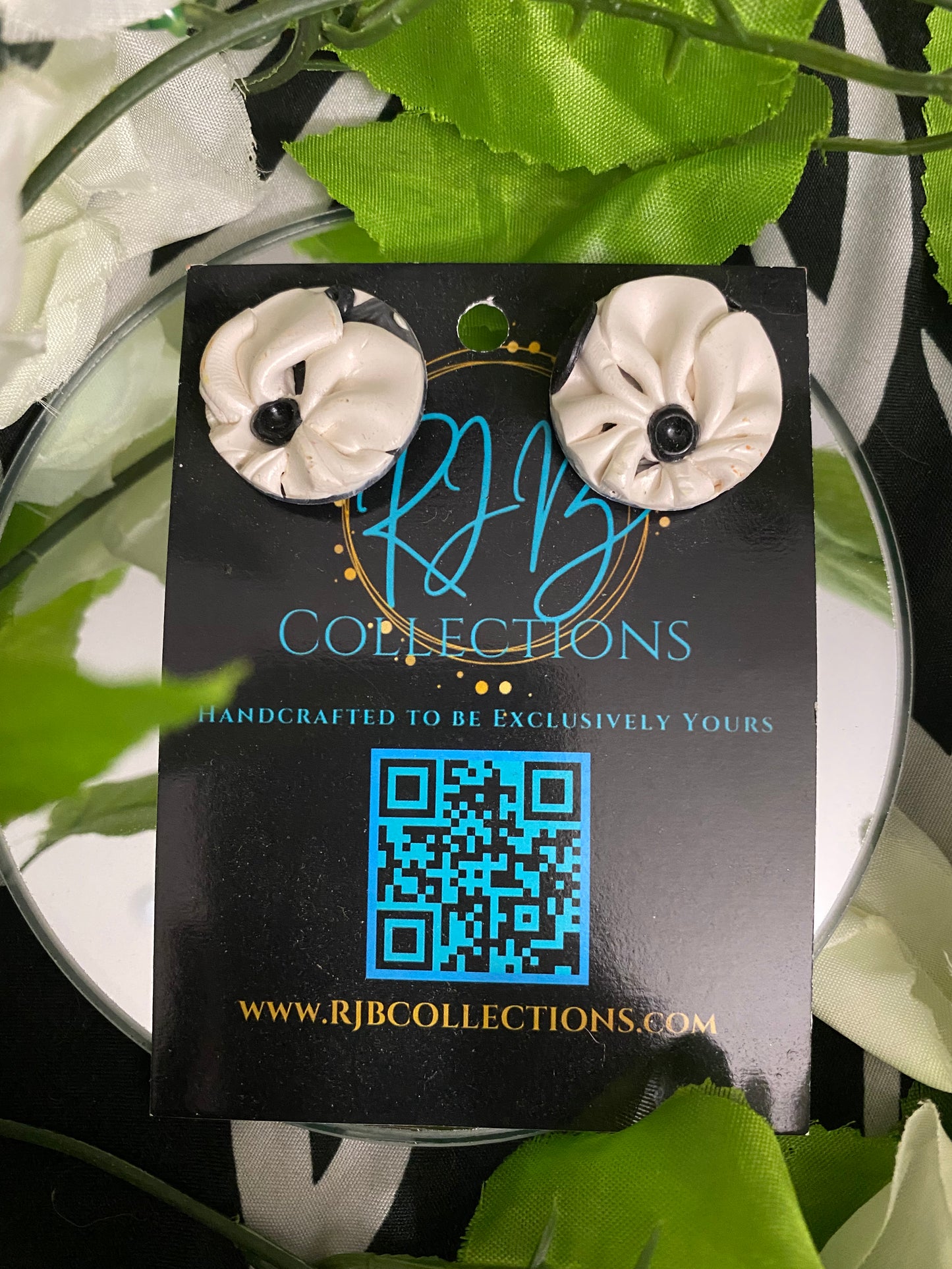 Handmade Black and White Floral Pierced Earrings