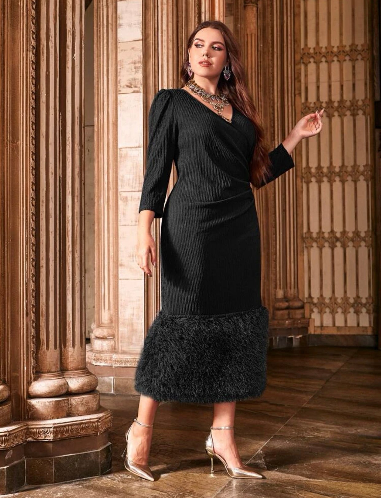 Surplice Neck Fuzzy Hem Dress