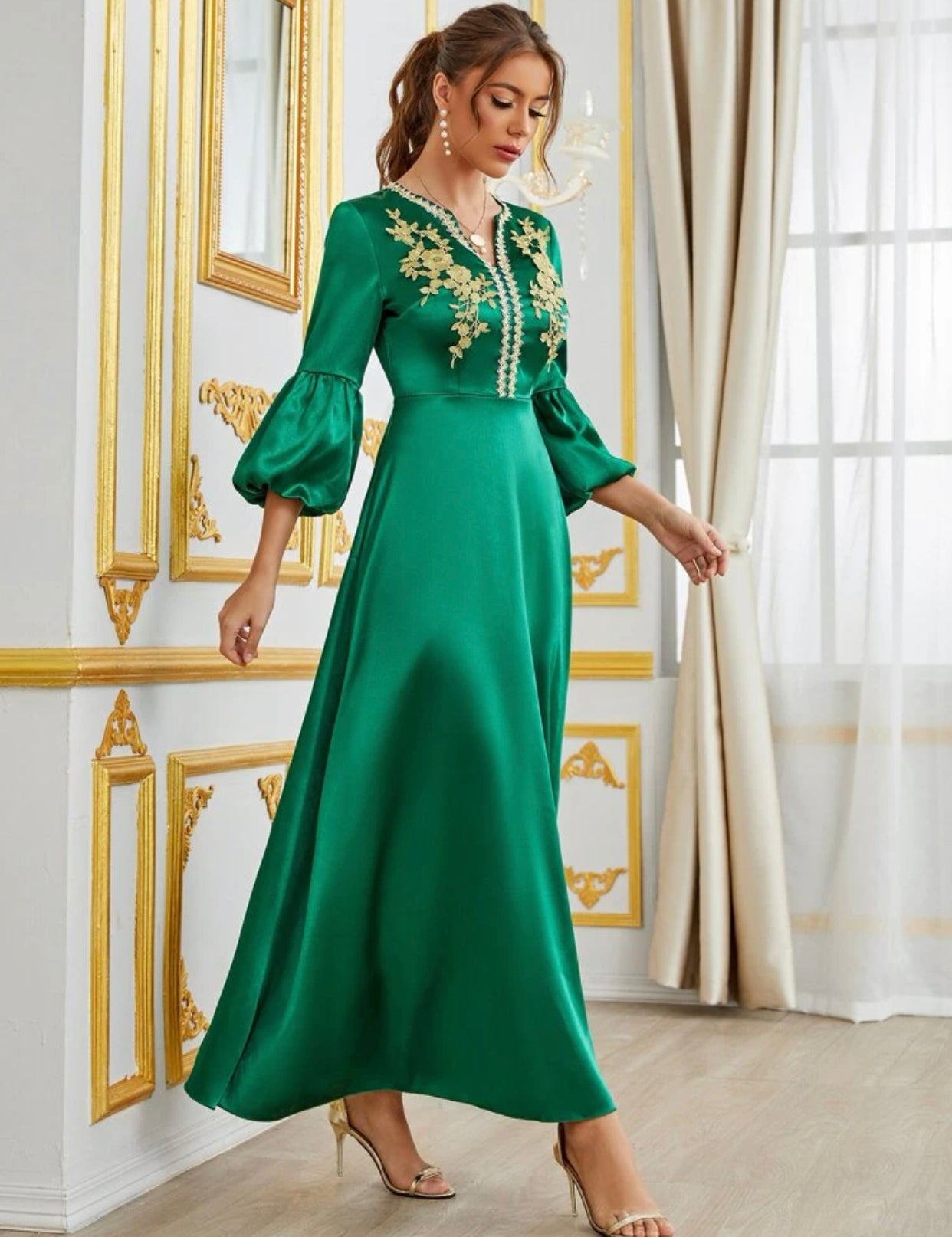 Floral Embroidered Lantern Sleeve Dress