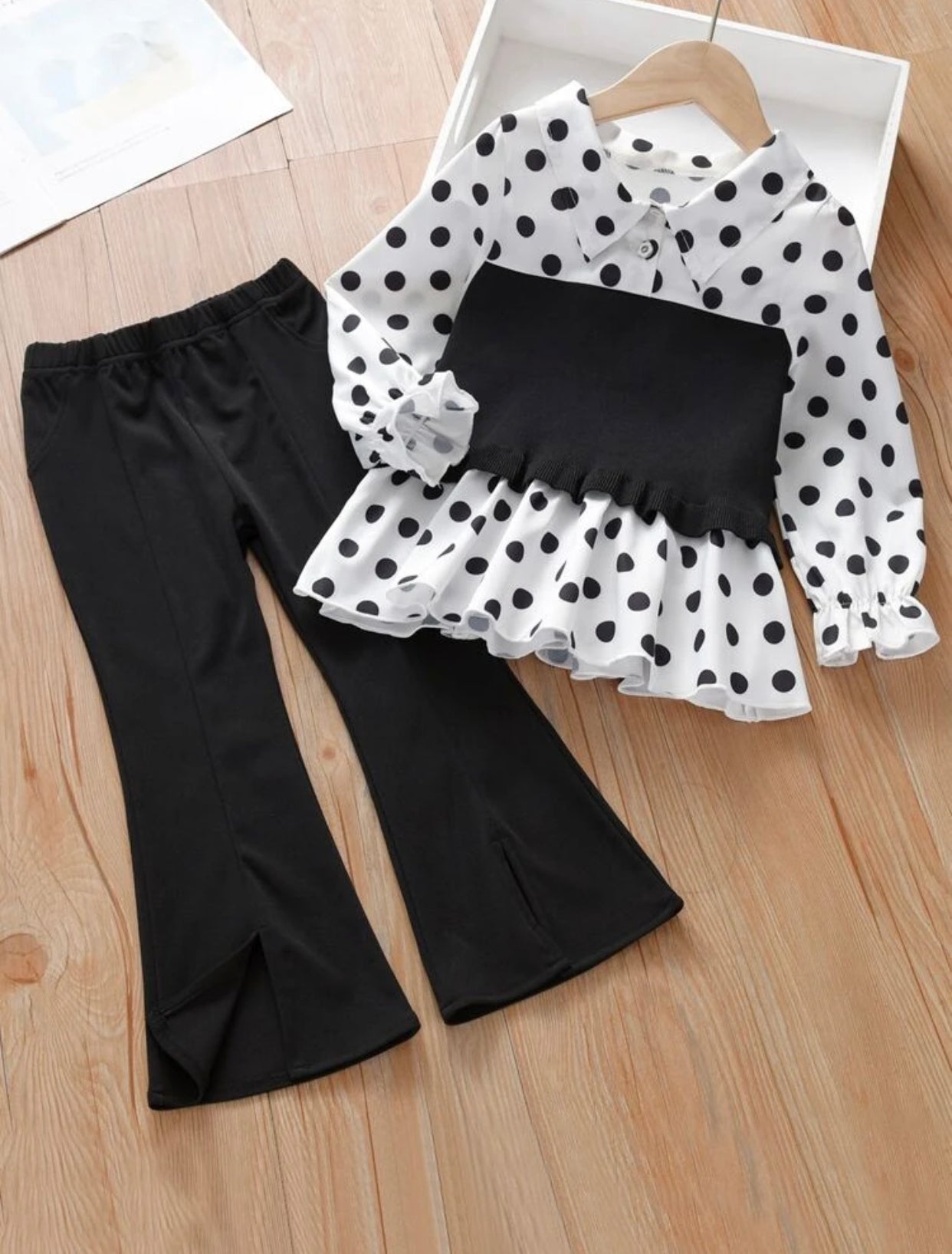 Girls Polka Dot Print Flounce Sleeve Top & Split Hem Flare Leg Pants (Sizes 3 year - 10 year)