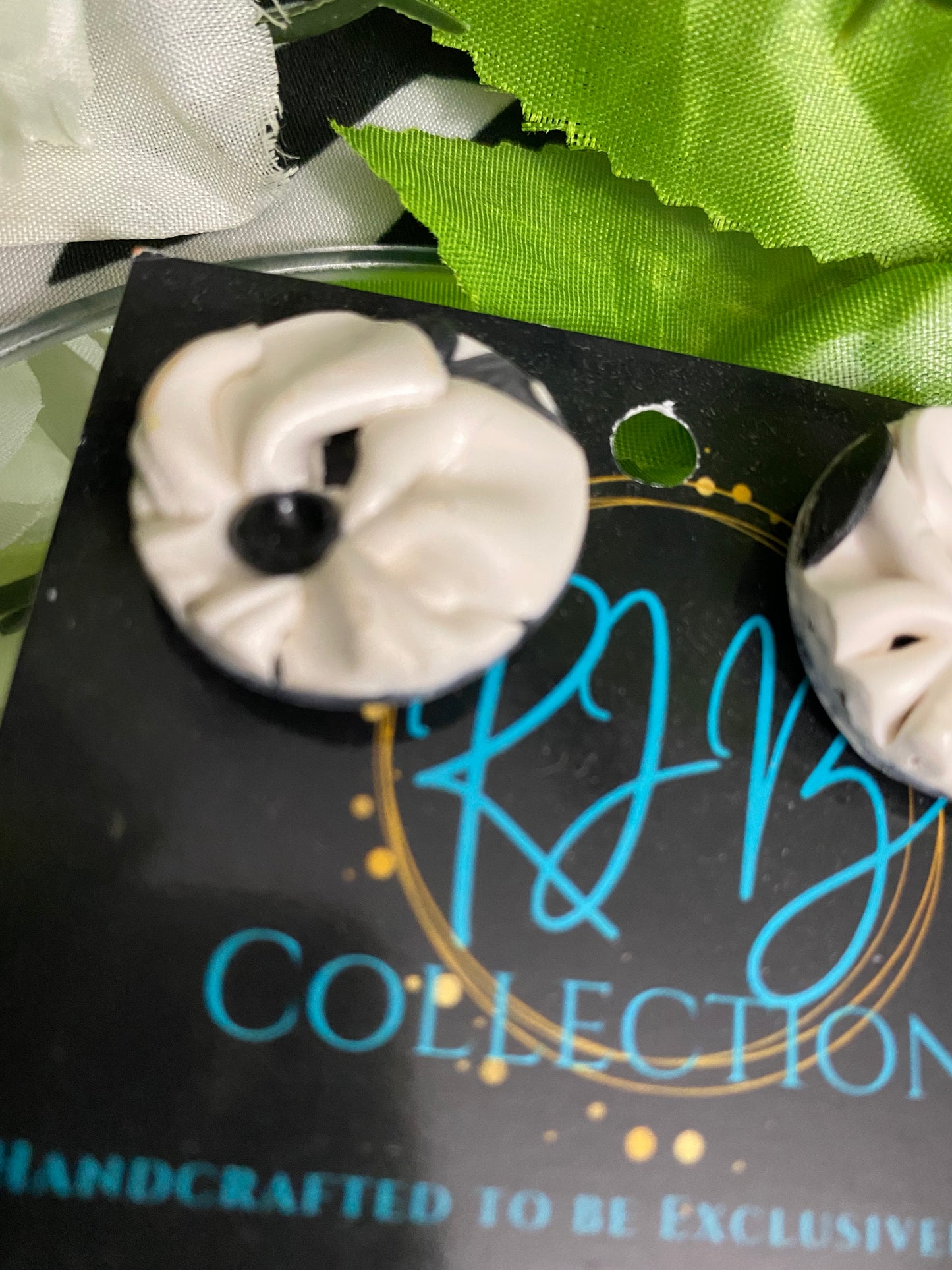 Handmade Black and White Floral Pierced Earrings