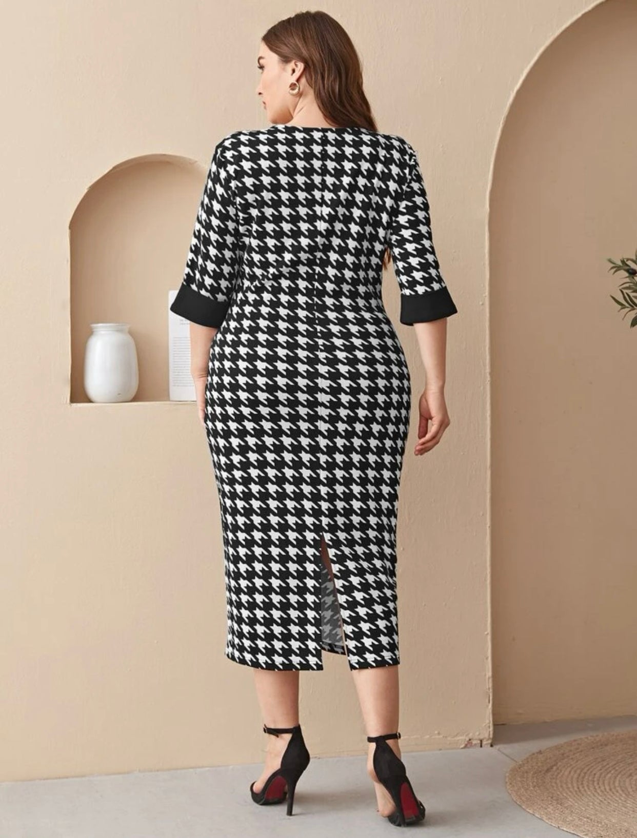 Houndstooth Print Back Slit Dress, US Sizes 12 - 22
