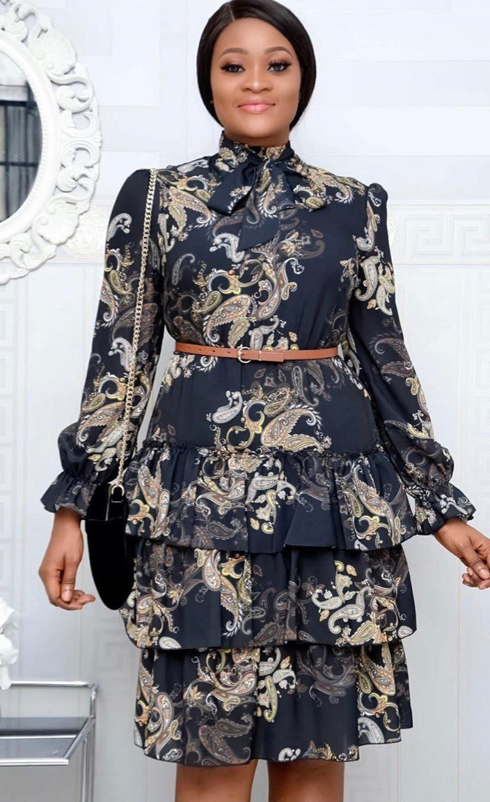 Stylish Floral Printed Bowknot Midi Tiered Dress, Sizes Small - 3XLarge