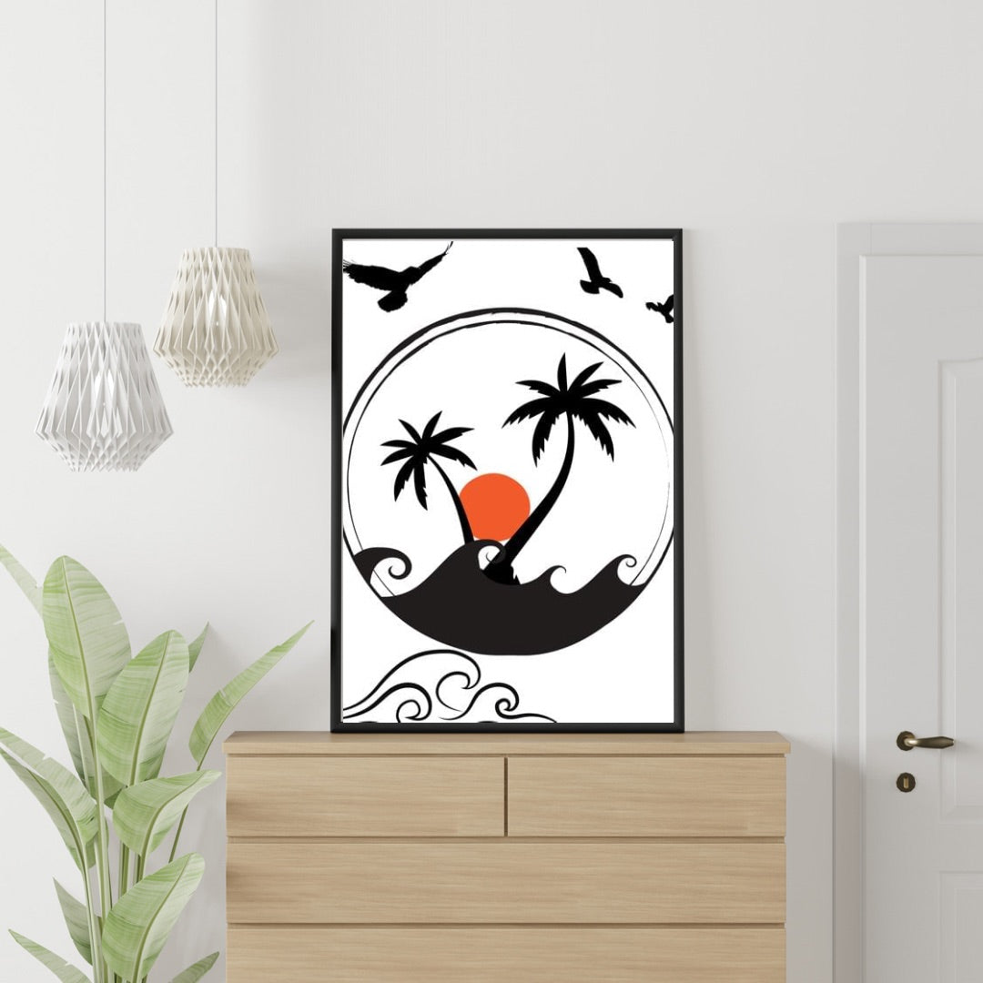 Beautiful 18” x 24” Palm Trees with Sunset in the background Framed Art