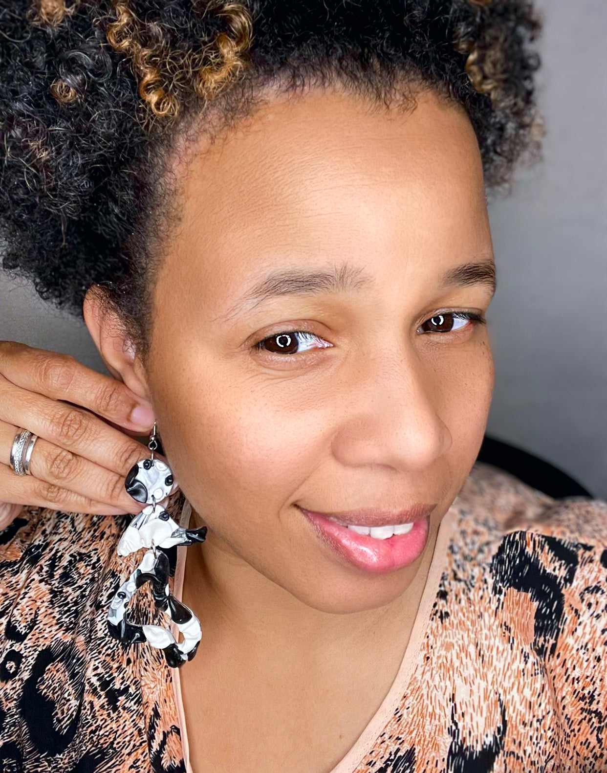 Hand Made Bubble Flower Salsa Lady Black and White Dangle Earrings