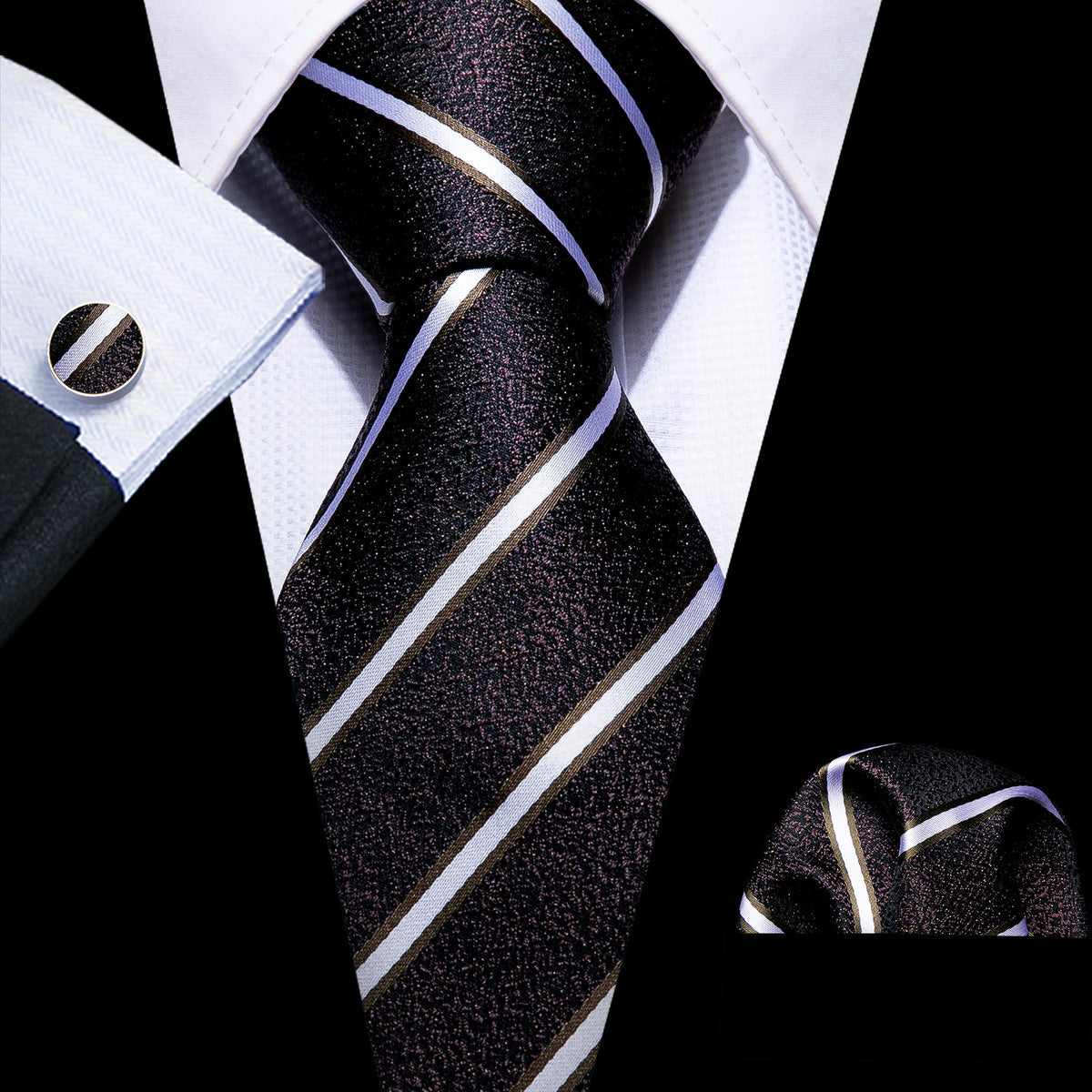 Men’s Silk Coordinated Tie Set - Black White Striped (5301)