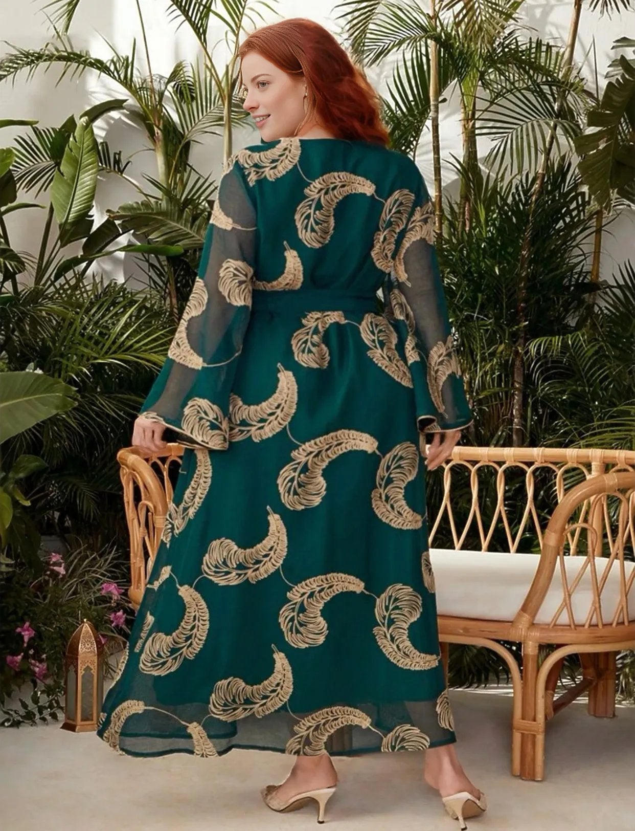 Feather Print Green Flow Dress, Sizes 0XL - 4XL (US 12 - 20)