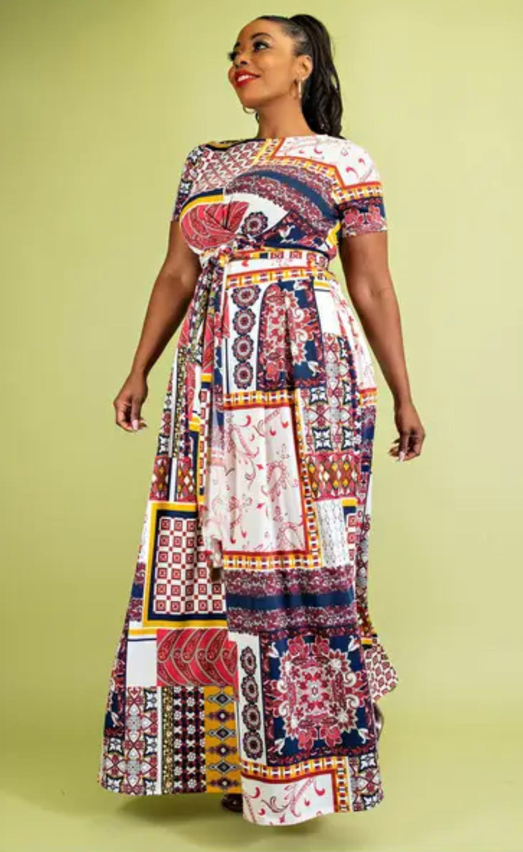 WRAP AROUND SHORT SLEEVE TOP AND MAXI SKIRT SET, Sizes 1X - 3X